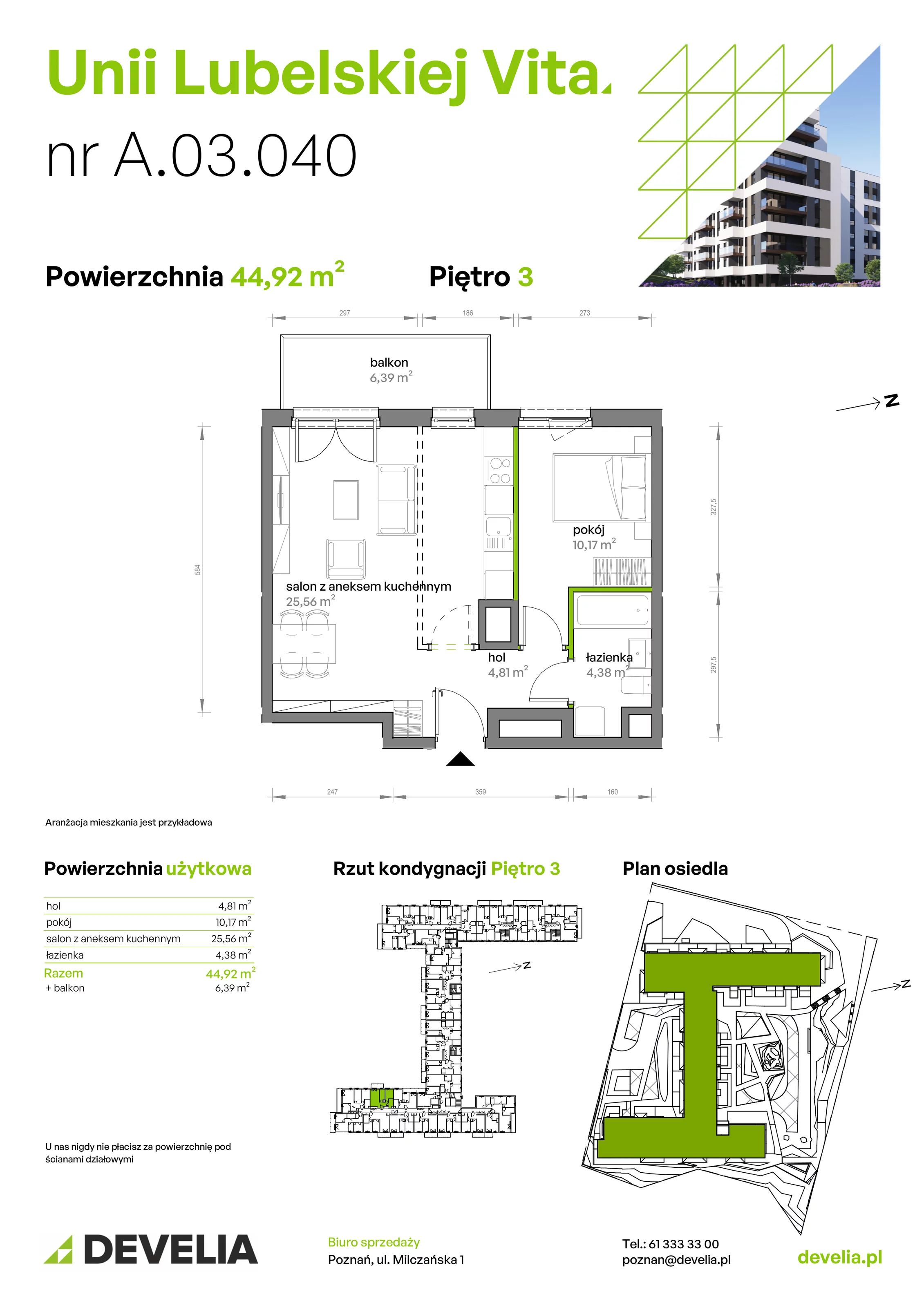 2 pokoje, mieszkanie 44,92 m², piętro 3, oferta nr A/03/040, Unii Lubelskiej Vita, Poznań, Nowe Miasto, Starołęka, ul. Unii Lubelskiej 10