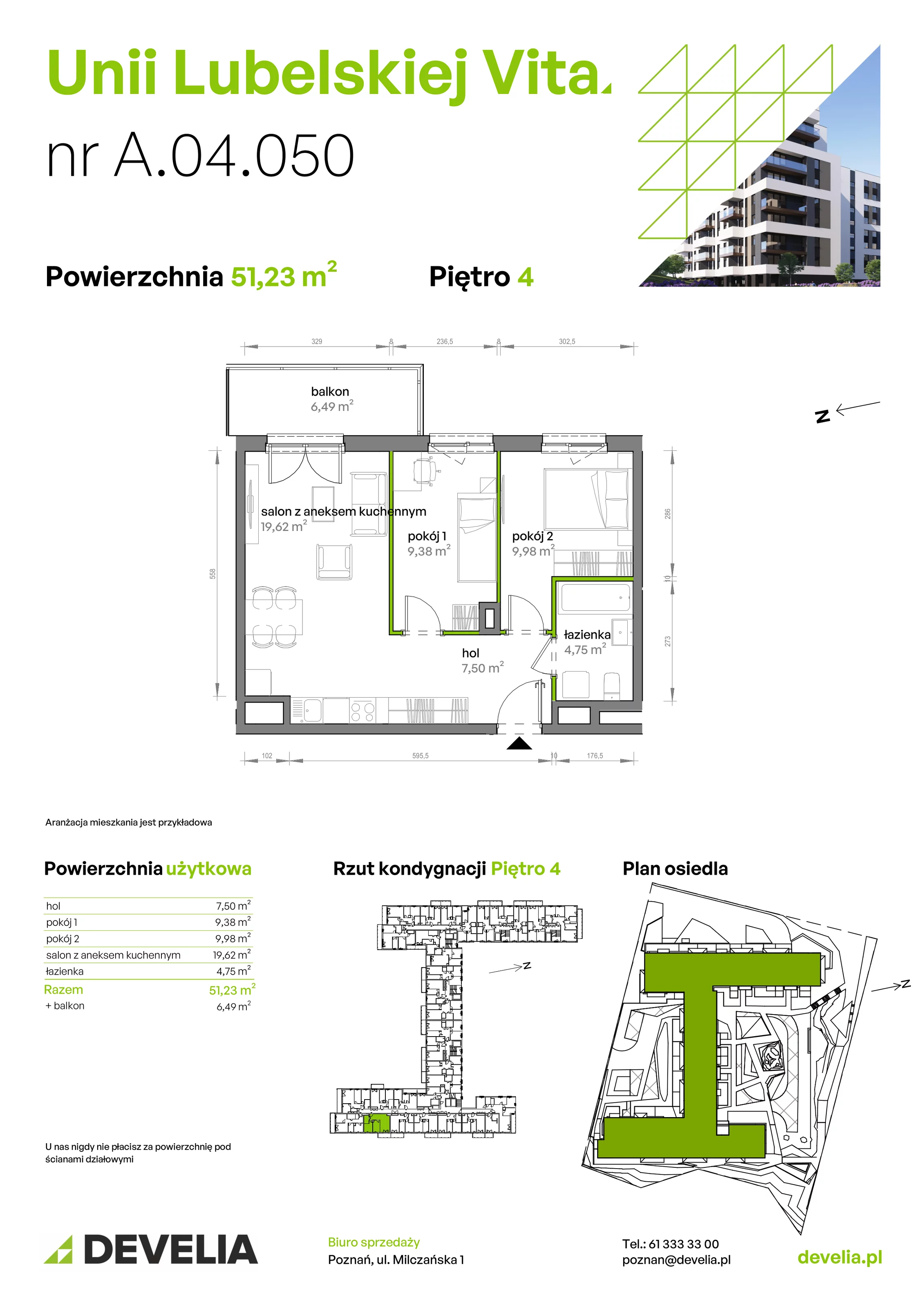 3 pokoje, mieszkanie 51,23 m², piętro 4, oferta nr A/04/050, Unii Lubelskiej Vita, Poznań, Nowe Miasto, Starołęka, ul. Unii Lubelskiej 10