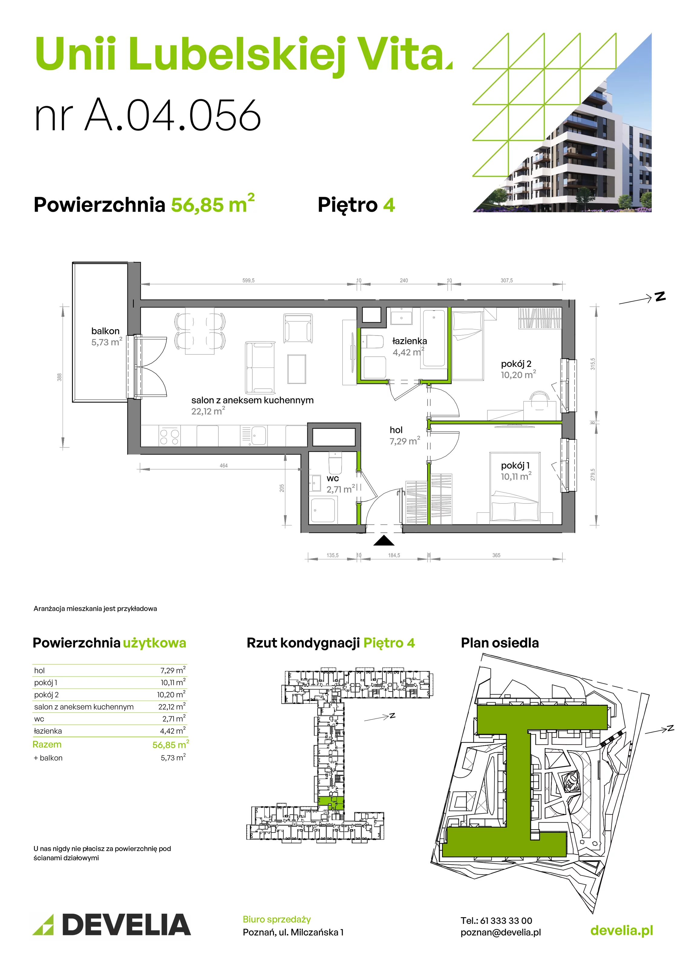 3 pokoje, mieszkanie 56,85 m², piętro 4, oferta nr A/04/056, Unii Lubelskiej Vita, Poznań, Nowe Miasto, Starołęka, ul. Unii Lubelskiej 10