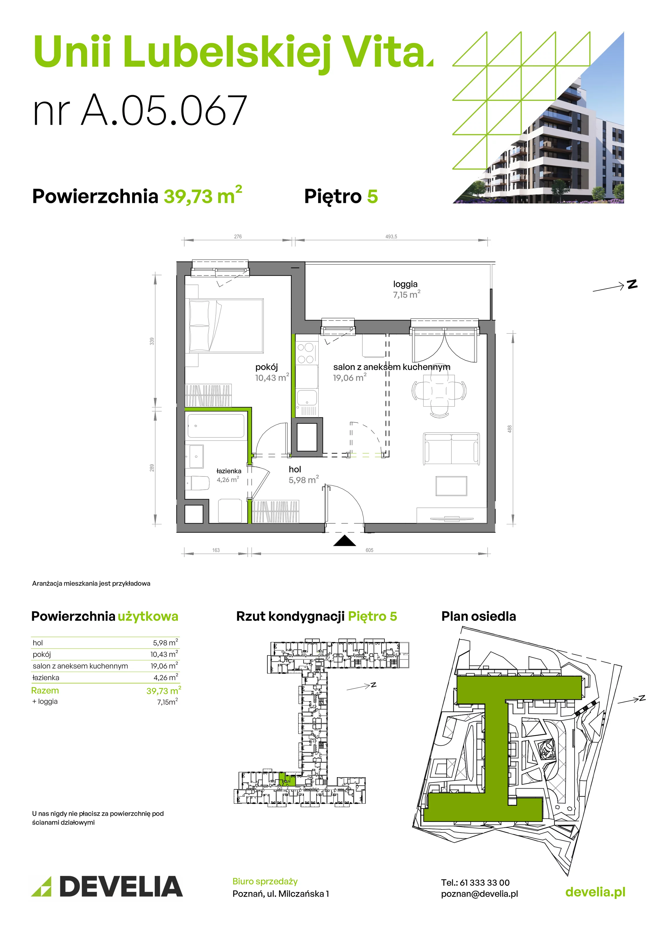 2 pokoje, mieszkanie 39,73 m², piętro 5, oferta nr A/05/067, Unii Lubelskiej Vita, Poznań, Nowe Miasto, Starołęka, ul. Unii Lubelskiej 10
