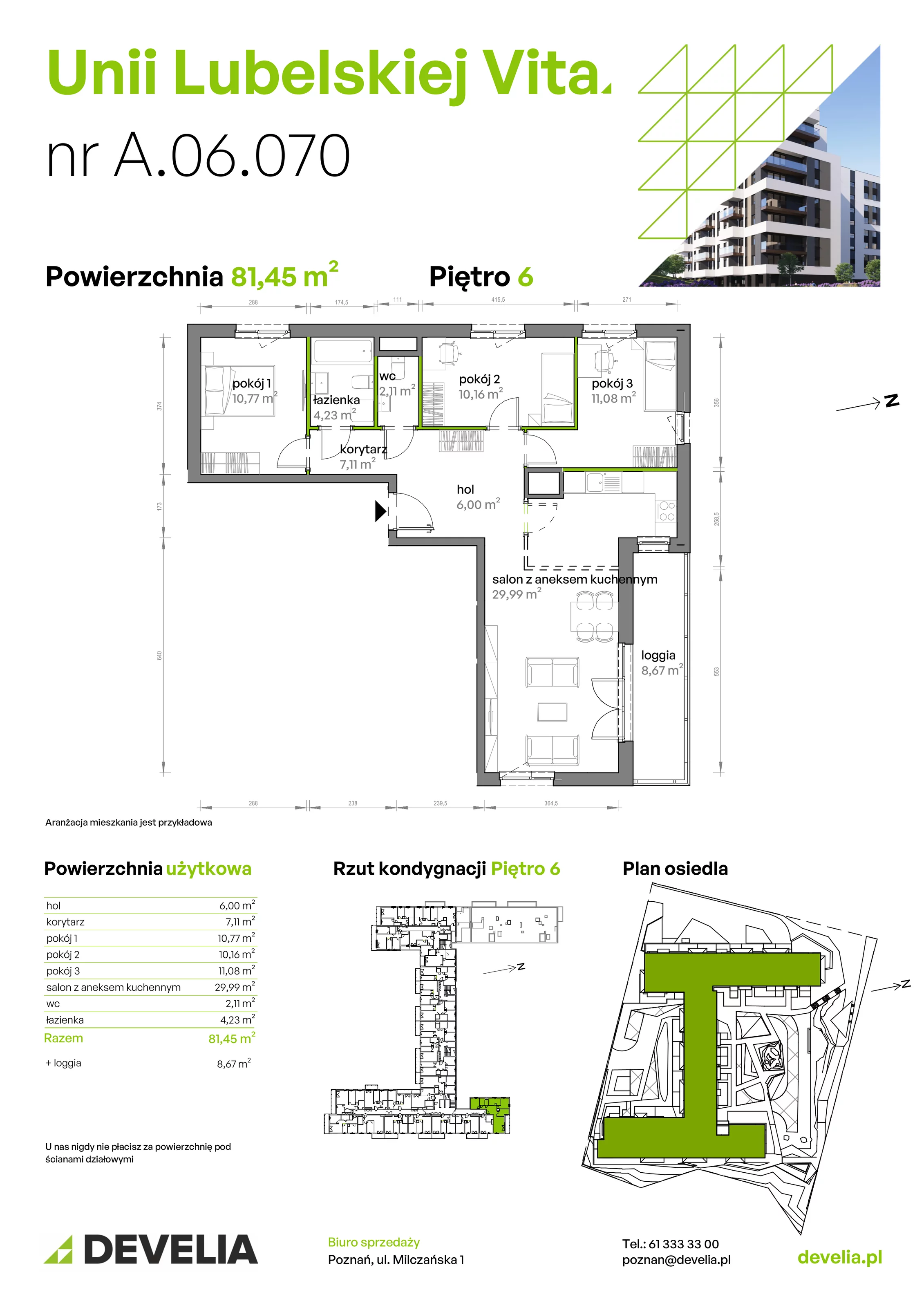4 pokoje, mieszkanie 81,45 m², piętro 6, oferta nr A/06/070, Unii Lubelskiej Vita, Poznań, Nowe Miasto, Starołęka, ul. Unii Lubelskiej 10