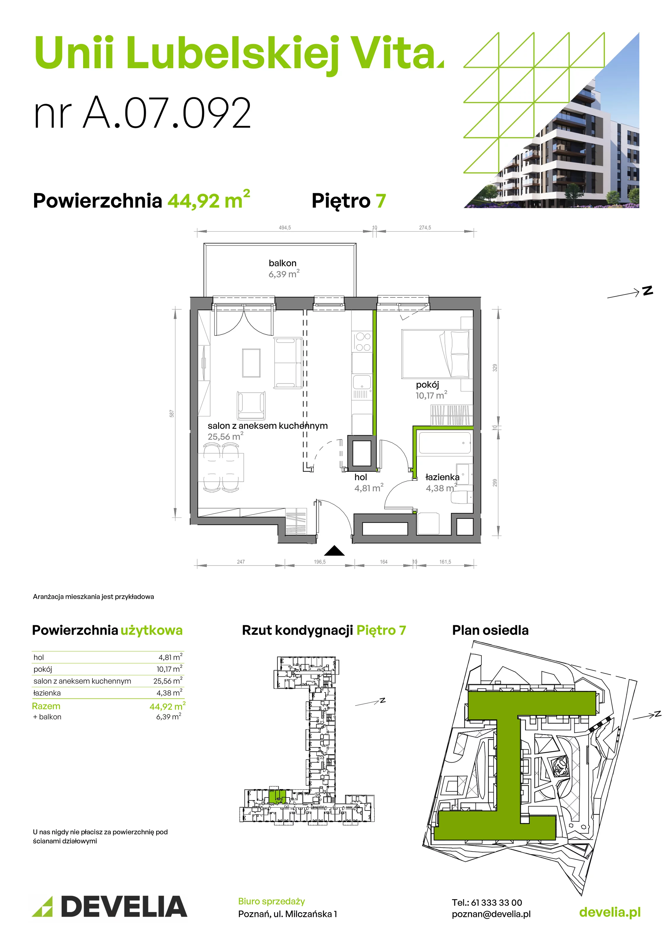 2 pokoje, mieszkanie 44,92 m², piętro 7, oferta nr A/07/092 , Unii Lubelskiej Vita, Poznań, Nowe Miasto, Starołęka, ul. Unii Lubelskiej 10