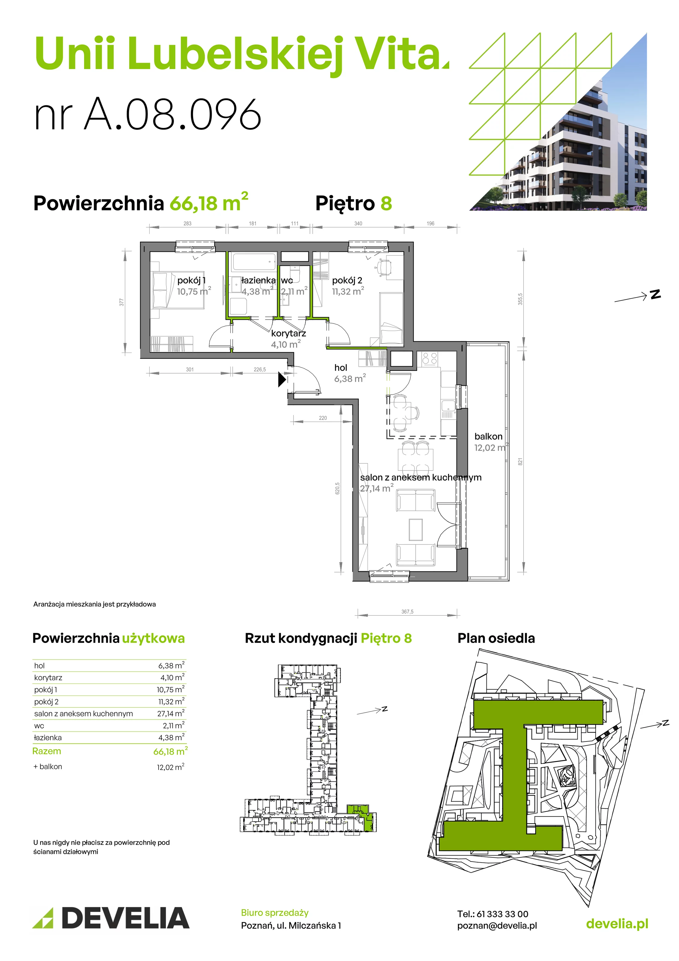 3 pokoje, mieszkanie 66,18 m², piętro 8, oferta nr A/08/096, Unii Lubelskiej Vita, Poznań, Nowe Miasto, Starołęka, ul. Unii Lubelskiej 10