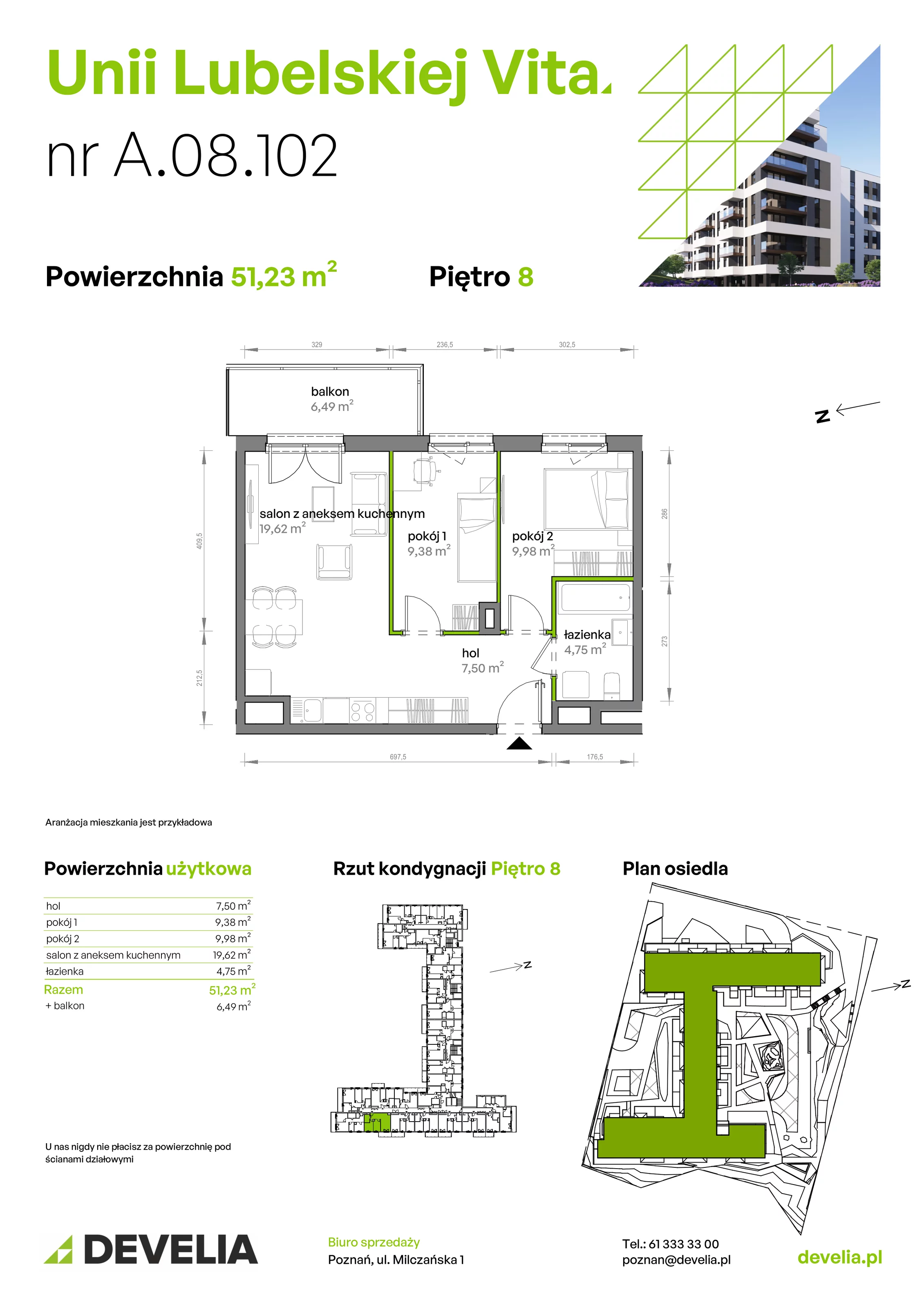 3 pokoje, mieszkanie 51,23 m², piętro 8, oferta nr A/08/102 , Unii Lubelskiej Vita, Poznań, Nowe Miasto, Starołęka, ul. Unii Lubelskiej 10
