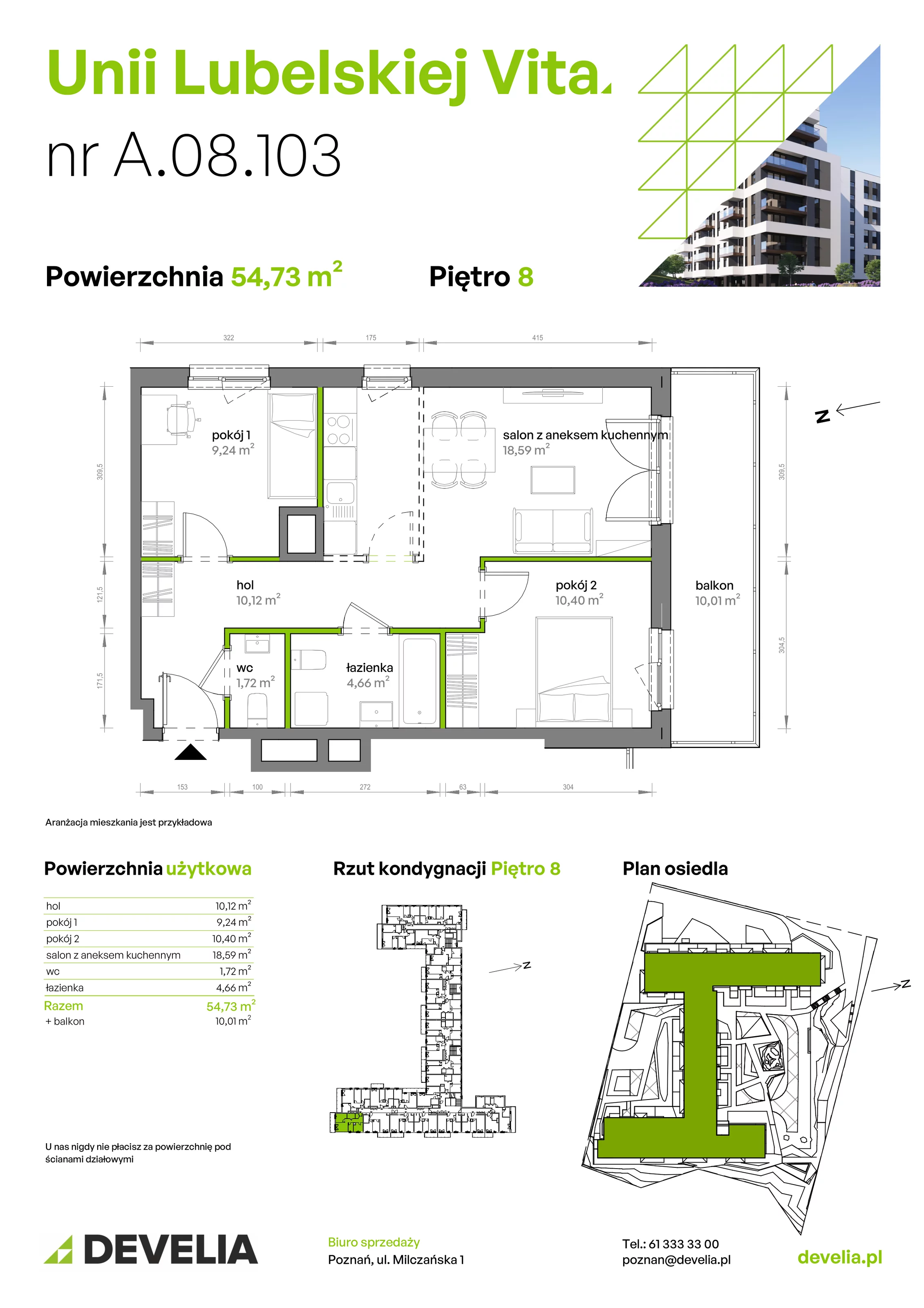3 pokoje, mieszkanie 54,73 m², piętro 8, oferta nr A/08/103, Unii Lubelskiej Vita, Poznań, Nowe Miasto, Starołęka, ul. Unii Lubelskiej 10
