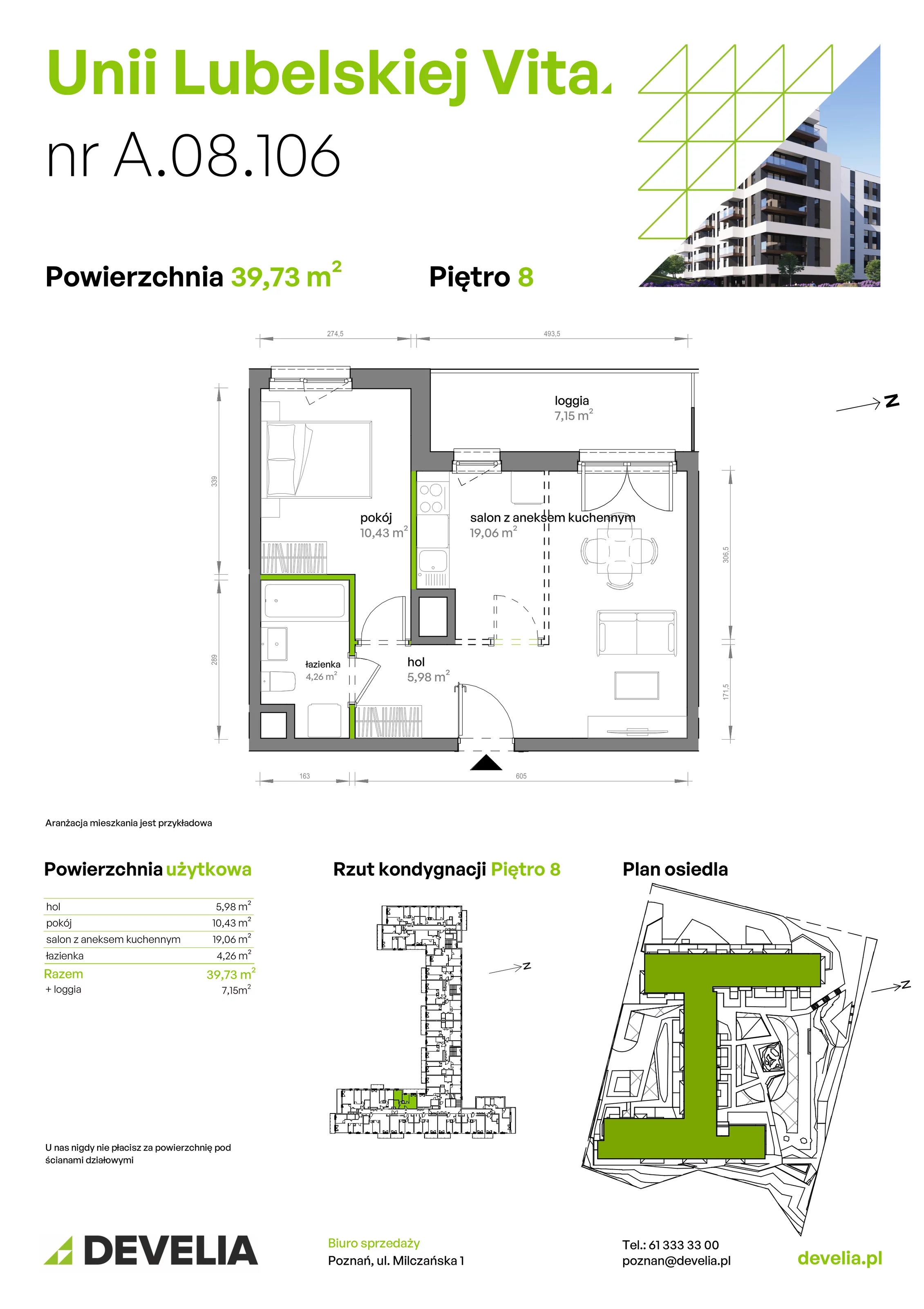 2 pokoje, mieszkanie 39,73 m², piętro 8, oferta nr A/08/106, Unii Lubelskiej Vita, Poznań, Nowe Miasto, Starołęka, ul. Unii Lubelskiej 10