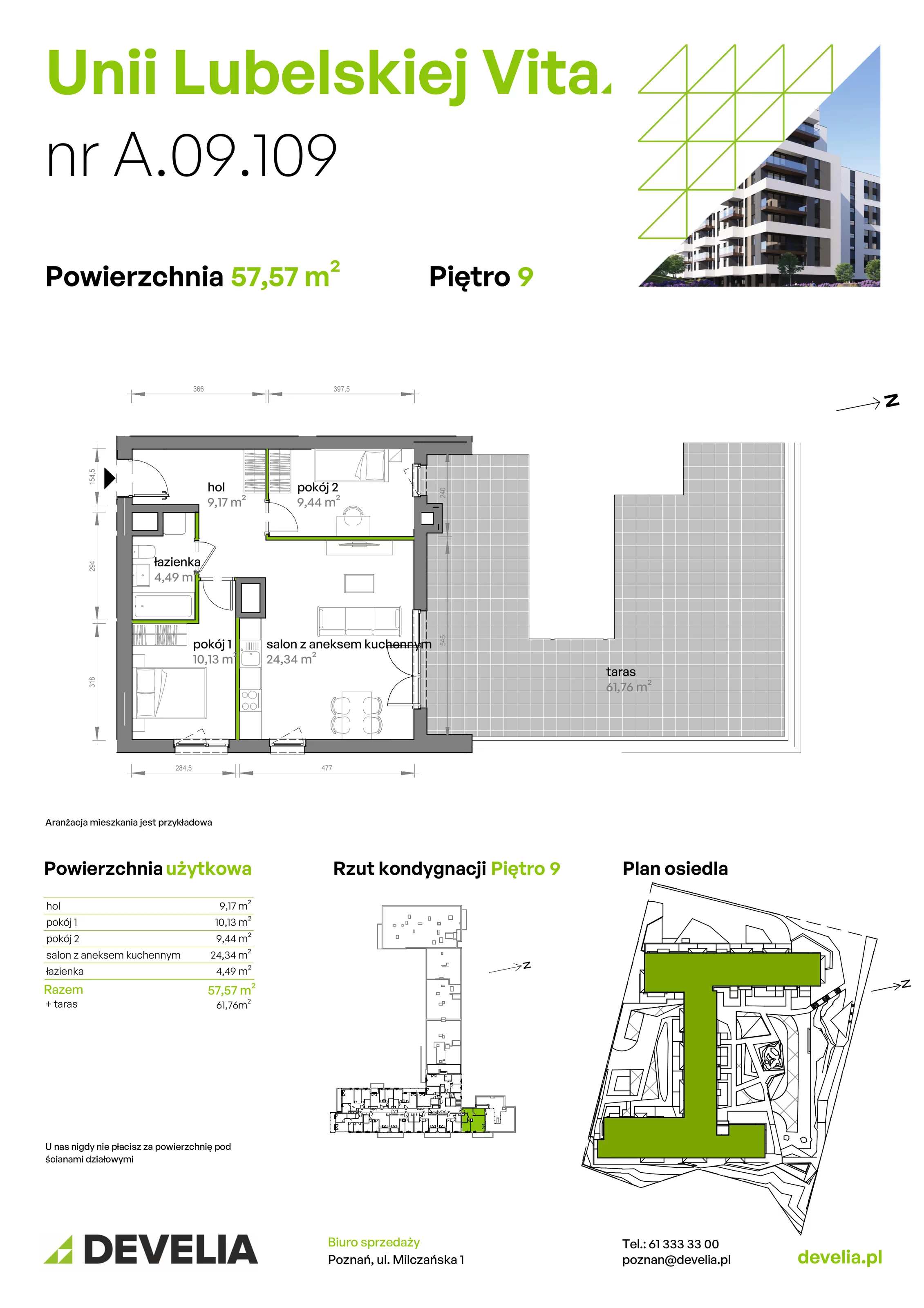3 pokoje, mieszkanie 57,57 m², piętro 9, oferta nr A/09/109 , Unii Lubelskiej Vita, Poznań, Nowe Miasto, Starołęka, ul. Unii Lubelskiej 10