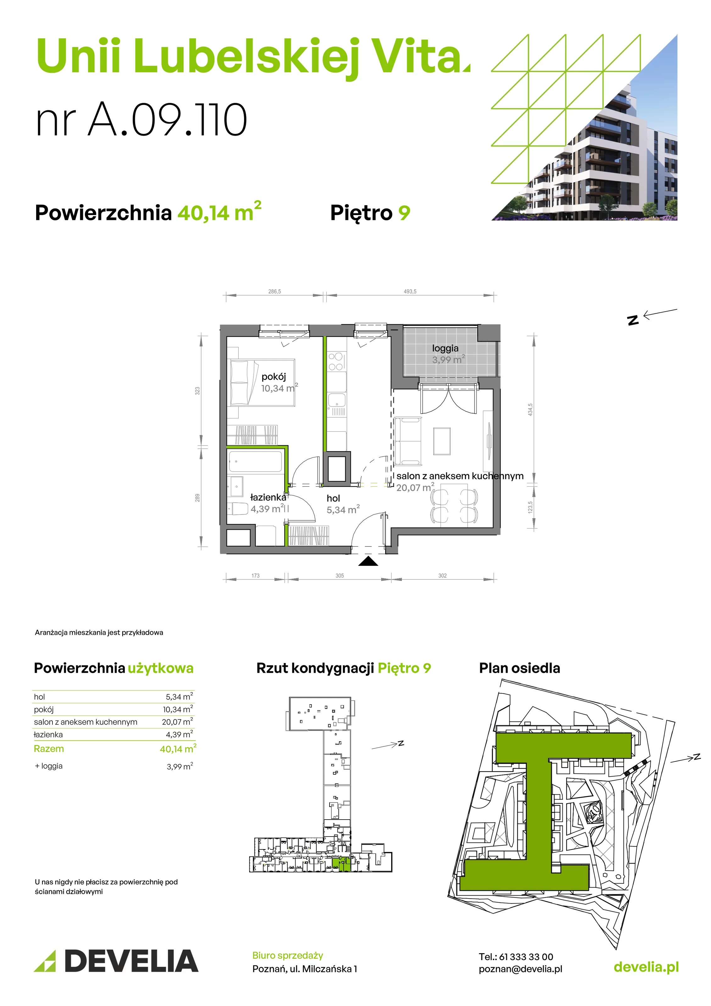 2 pokoje, mieszkanie 40,14 m², piętro 9, oferta nr A/09/110, Unii Lubelskiej Vita, Poznań, Nowe Miasto, Starołęka, ul. Unii Lubelskiej 10