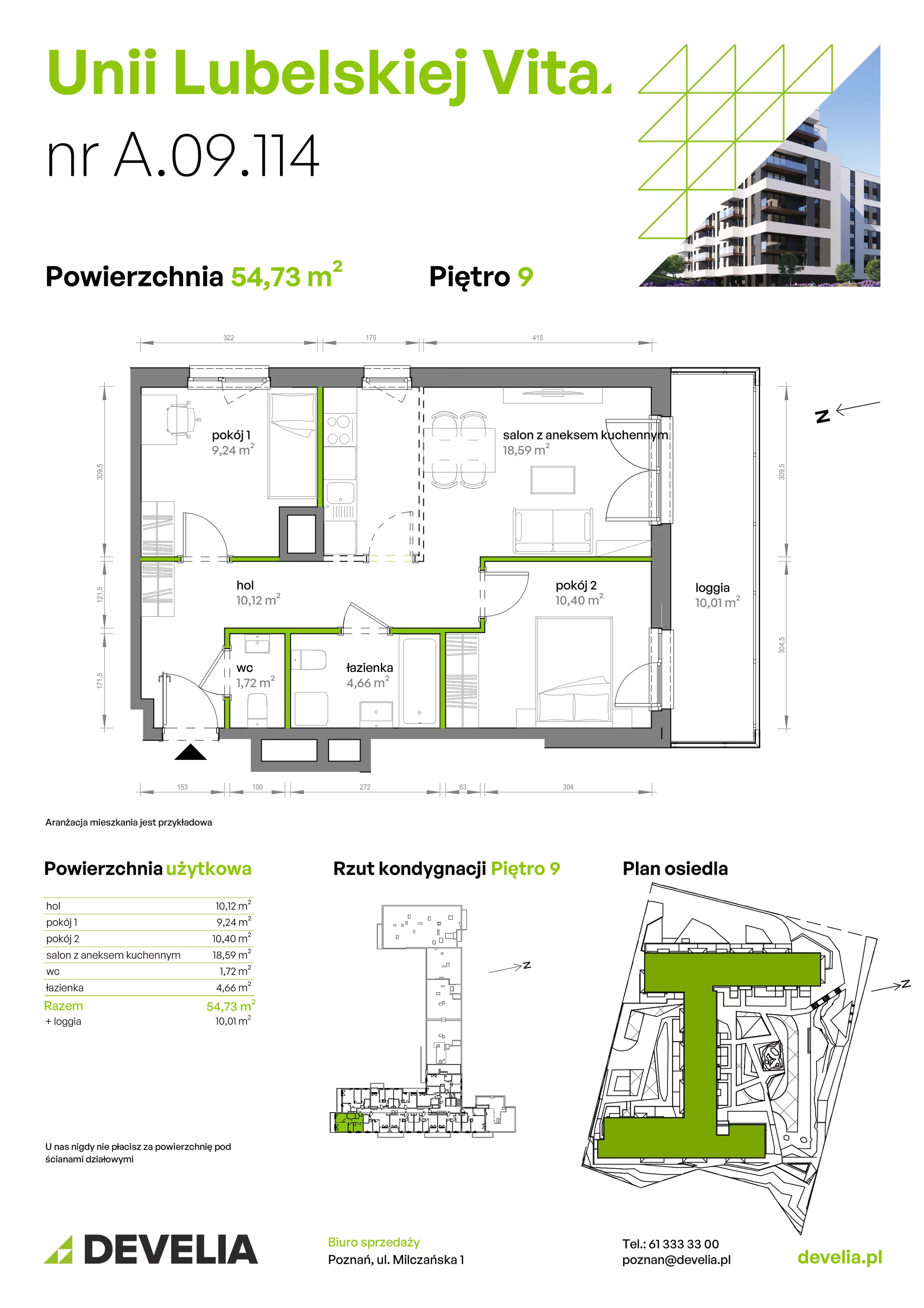 3 pokoje, mieszkanie 54,73 m², piętro 9, oferta nr A/09/114, Unii Lubelskiej Vita, Poznań, Nowe Miasto, Starołęka, ul. Unii Lubelskiej 10