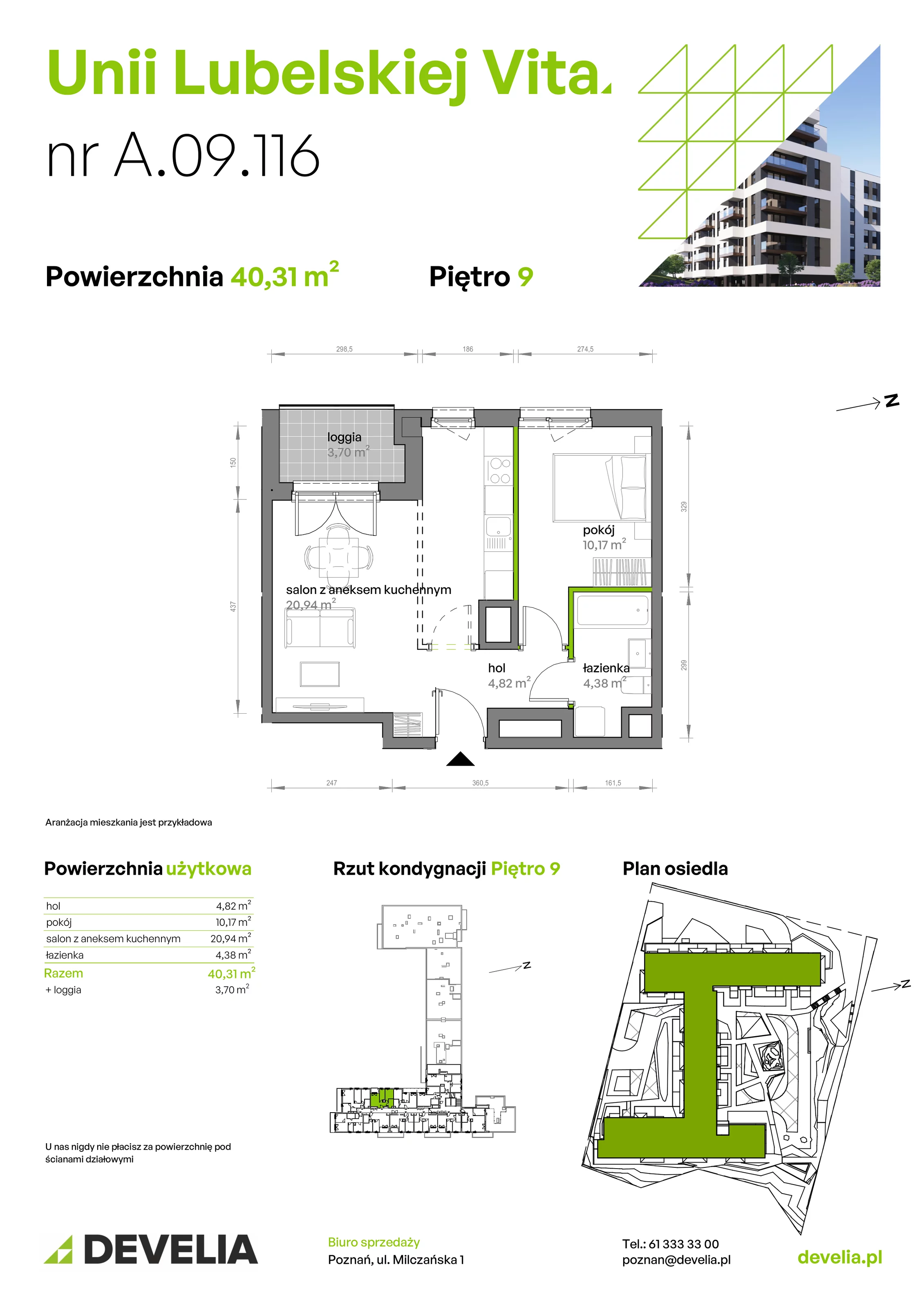 2 pokoje, mieszkanie 40,31 m², piętro 9, oferta nr A/09/116, Unii Lubelskiej Vita, Poznań, Nowe Miasto, Starołęka, ul. Unii Lubelskiej 10