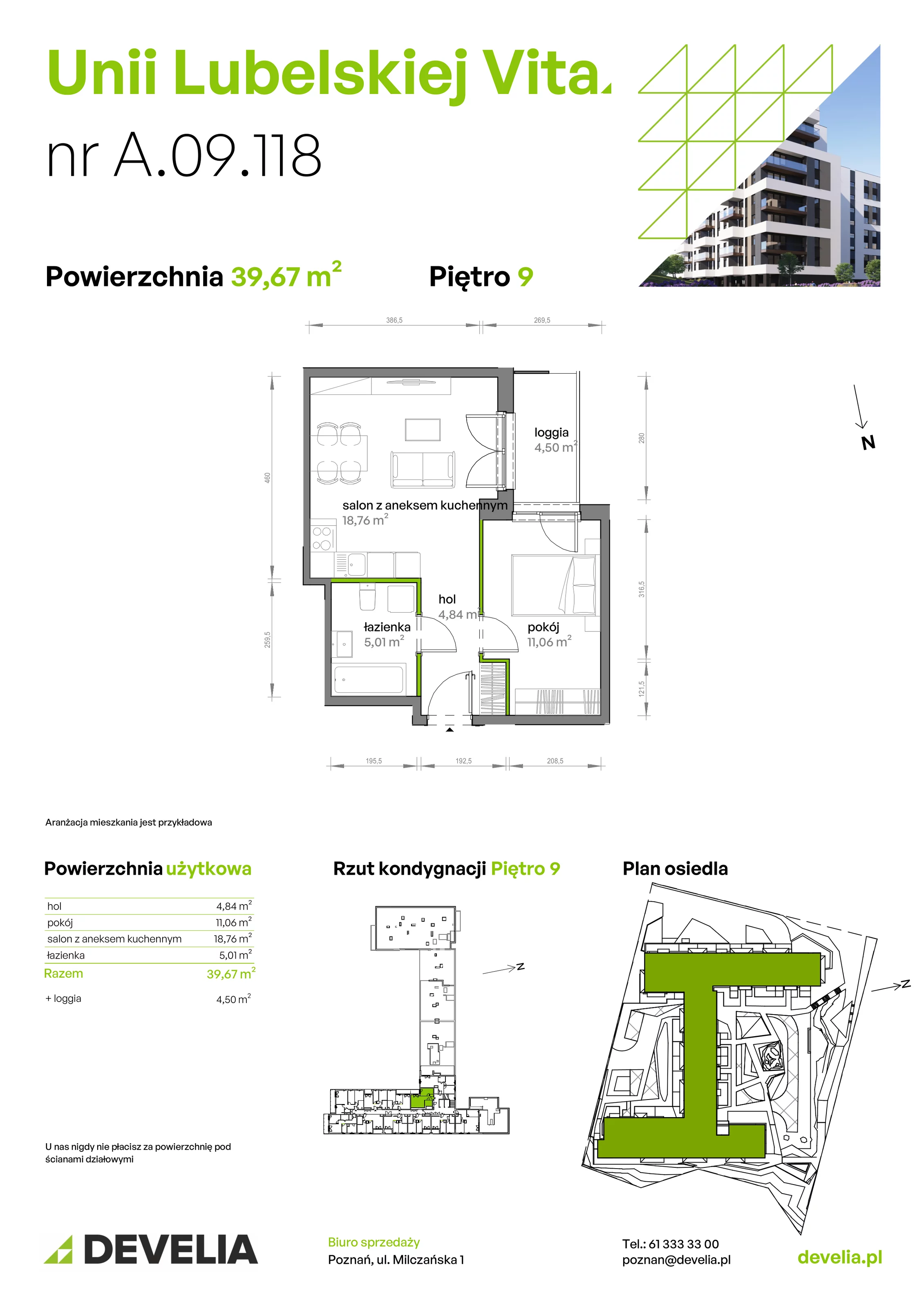 2 pokoje, mieszkanie 39,67 m², piętro 9, oferta nr A/09/118, Unii Lubelskiej Vita, Poznań, Nowe Miasto, Starołęka, ul. Unii Lubelskiej 10