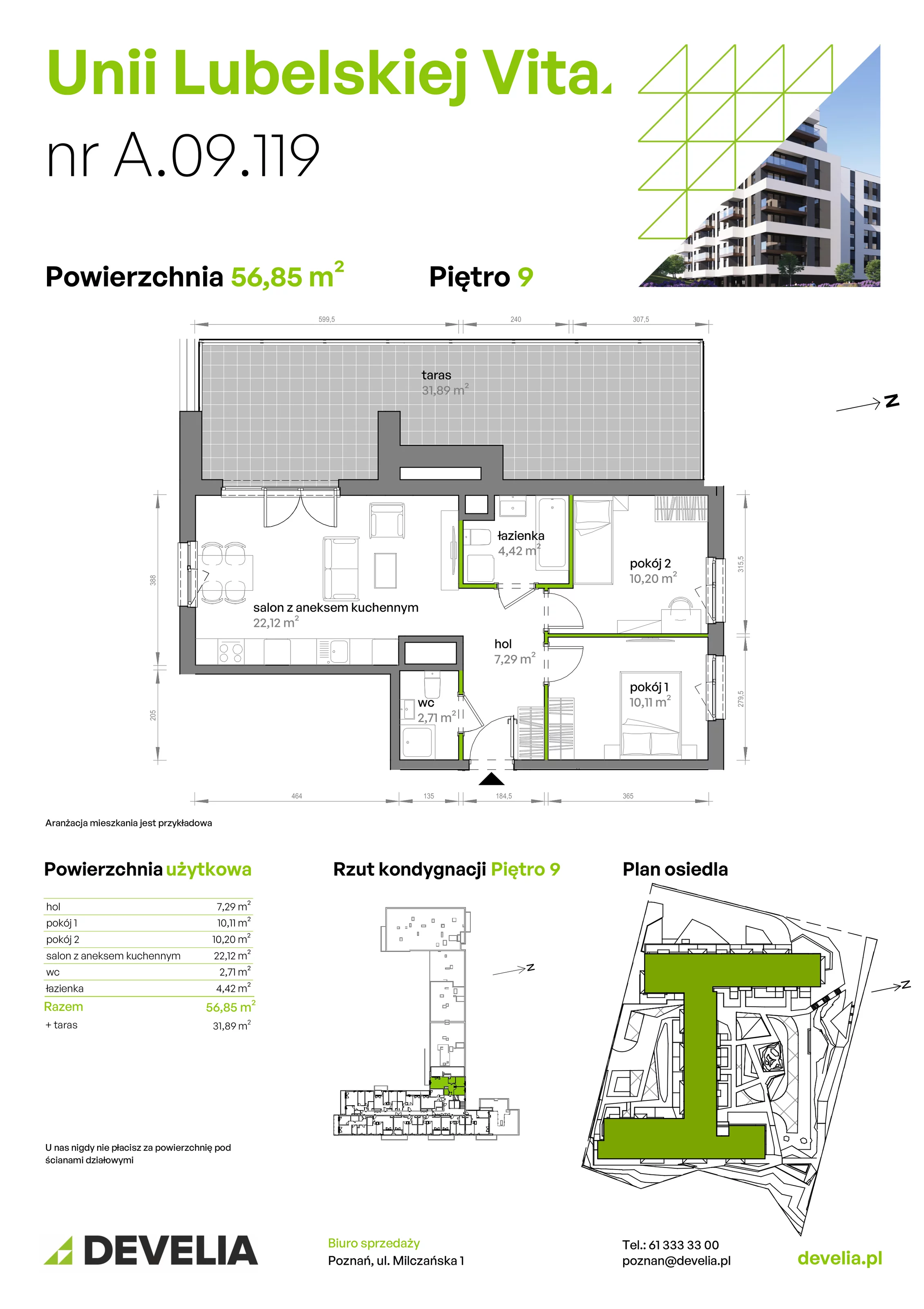 3 pokoje, mieszkanie 56,85 m², piętro 9, oferta nr A/09/119, Unii Lubelskiej Vita, Poznań, Nowe Miasto, Starołęka, ul. Unii Lubelskiej 10