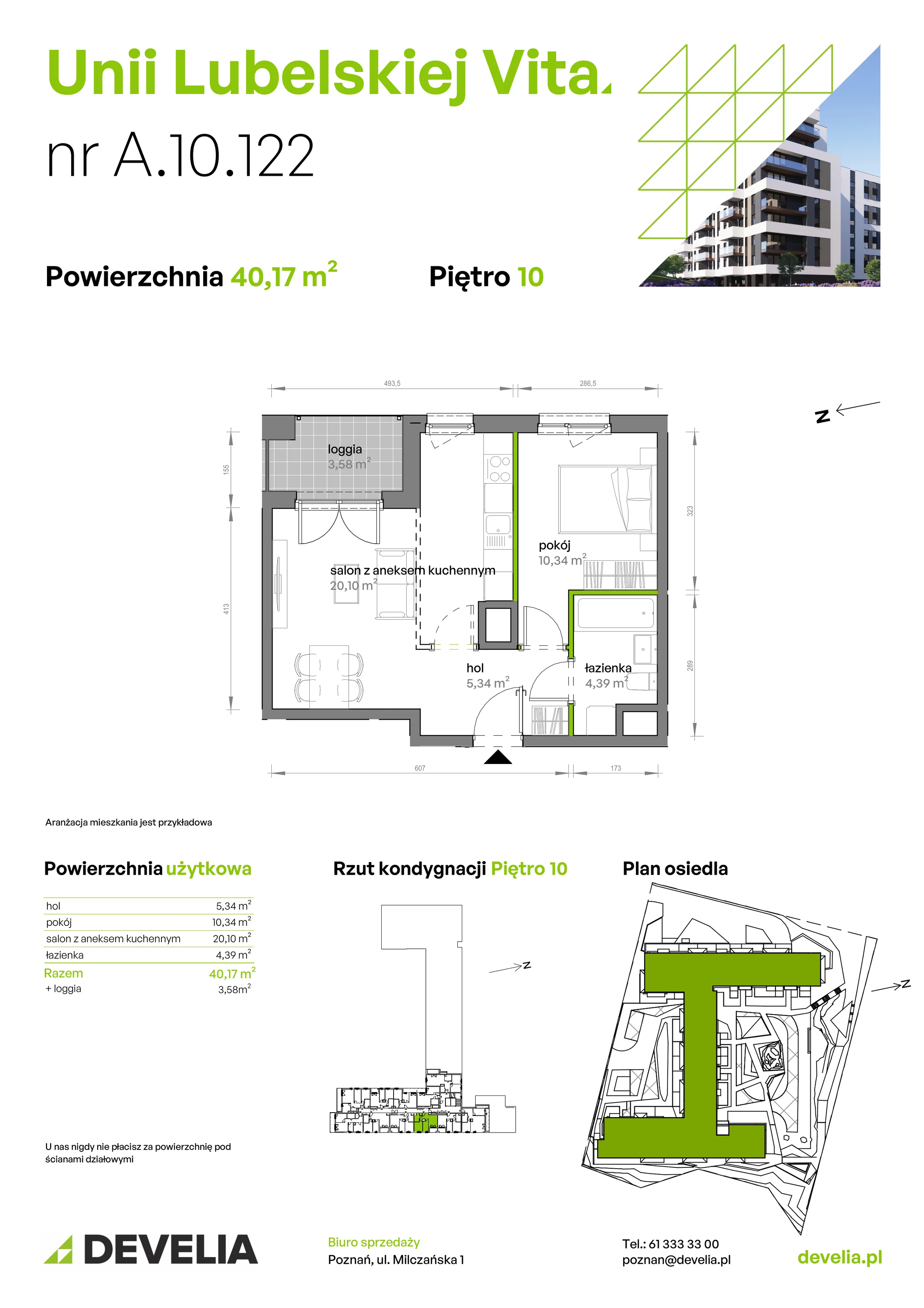 2 pokoje, mieszkanie 40,17 m², piętro 10, oferta nr A/10/122 , Unii Lubelskiej Vita, Poznań, Nowe Miasto, Starołęka, ul. Unii Lubelskiej 10