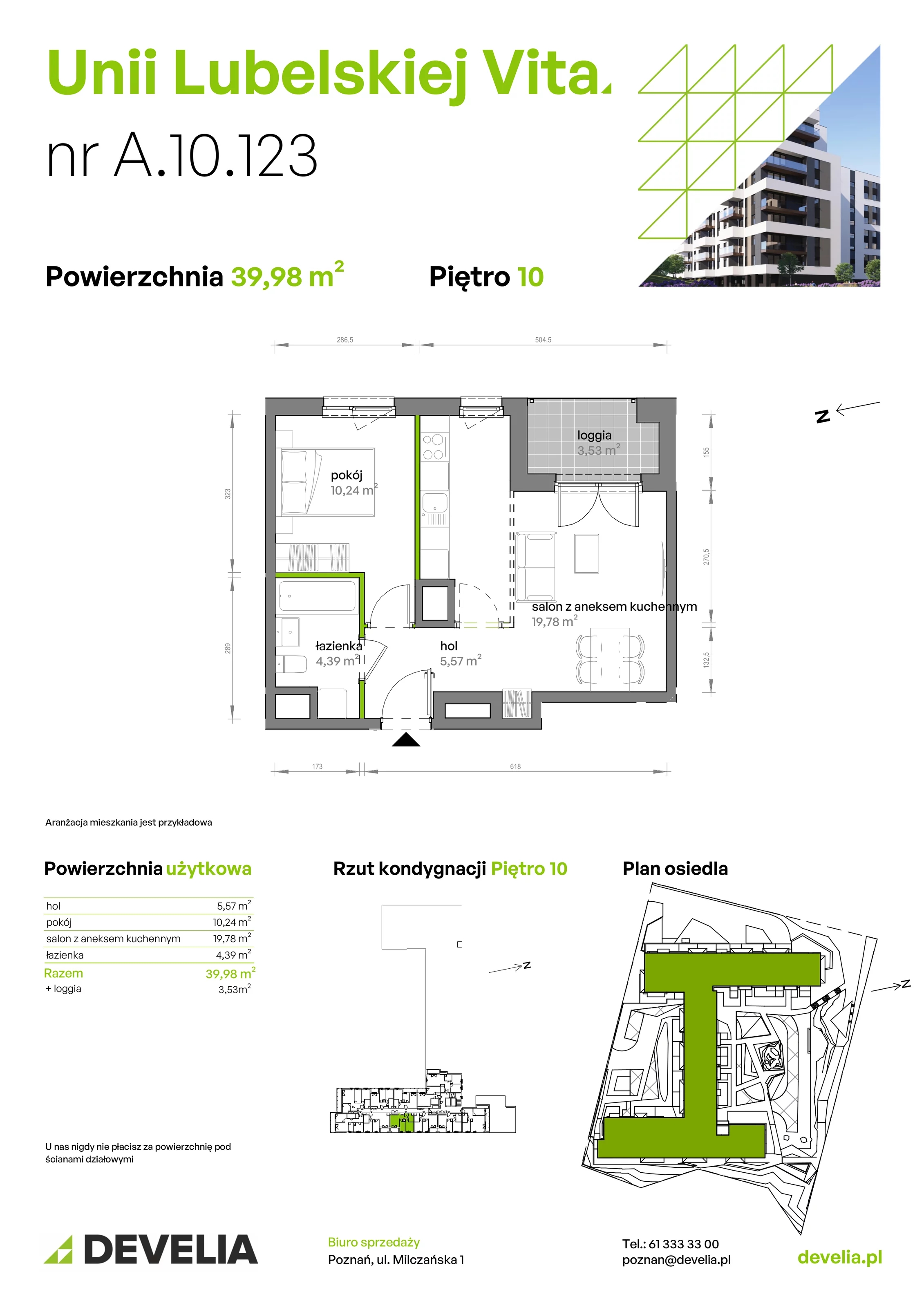 2 pokoje, mieszkanie 39,98 m², piętro 10, oferta nr A/10/123, Unii Lubelskiej Vita, Poznań, Nowe Miasto, Starołęka, ul. Unii Lubelskiej 10