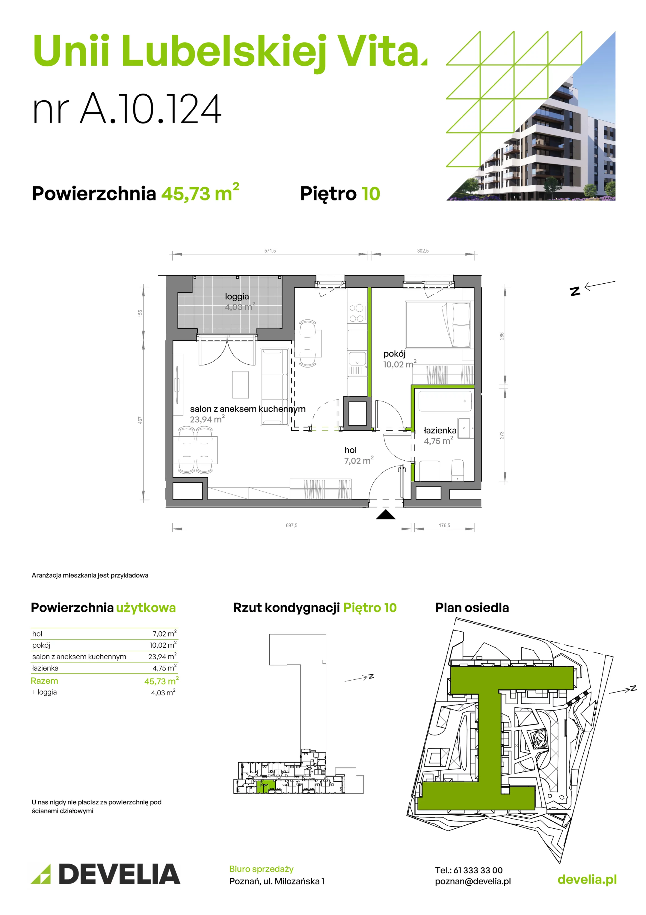 2 pokoje, mieszkanie 45,73 m², piętro 10, oferta nr A/10/124, Unii Lubelskiej Vita, Poznań, Nowe Miasto, Starołęka, ul. Unii Lubelskiej 10