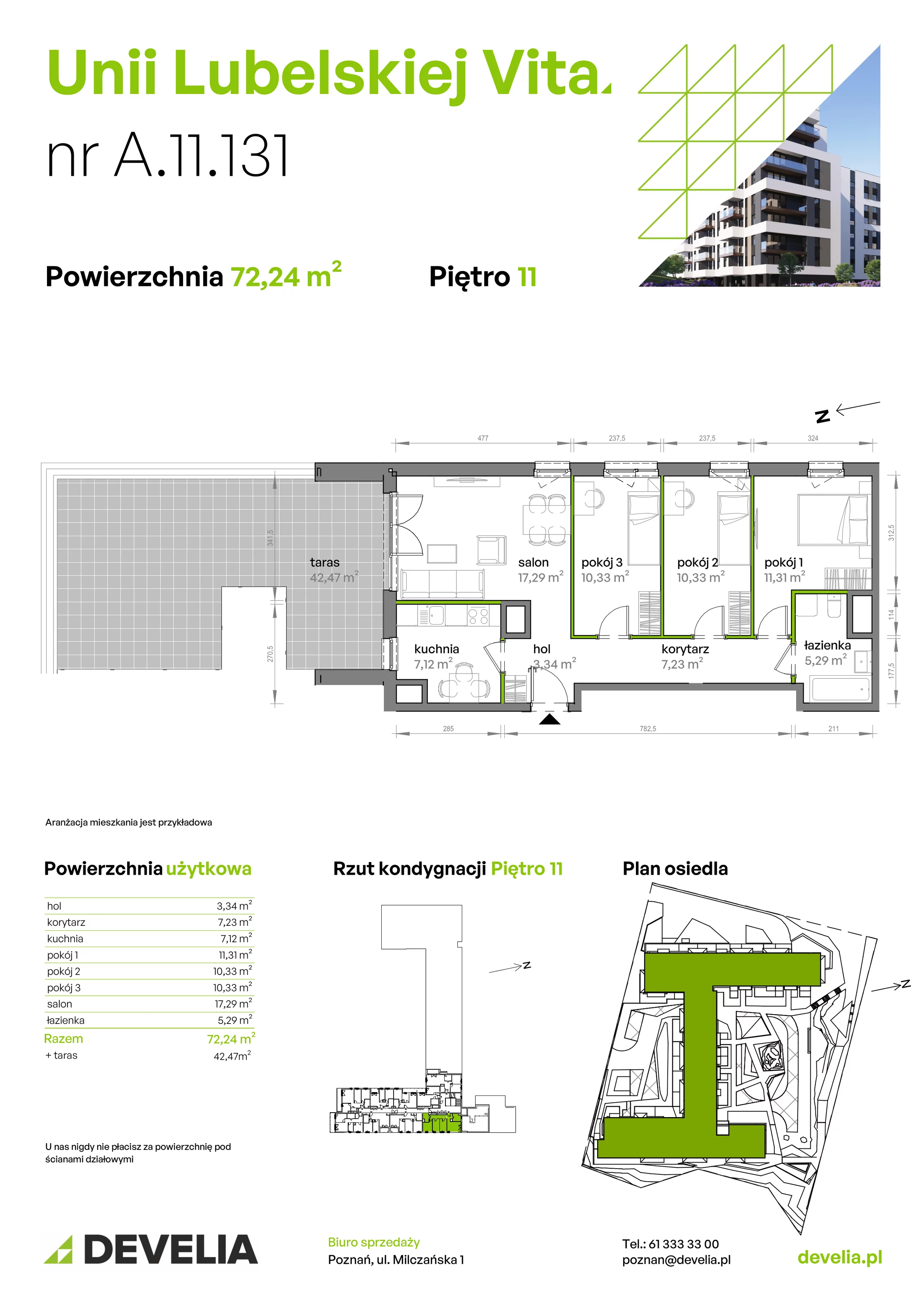 4 pokoje, mieszkanie 72,24 m², piętro 11, oferta nr A/11/131, Unii Lubelskiej Vita, Poznań, Nowe Miasto, Starołęka, ul. Unii Lubelskiej 10