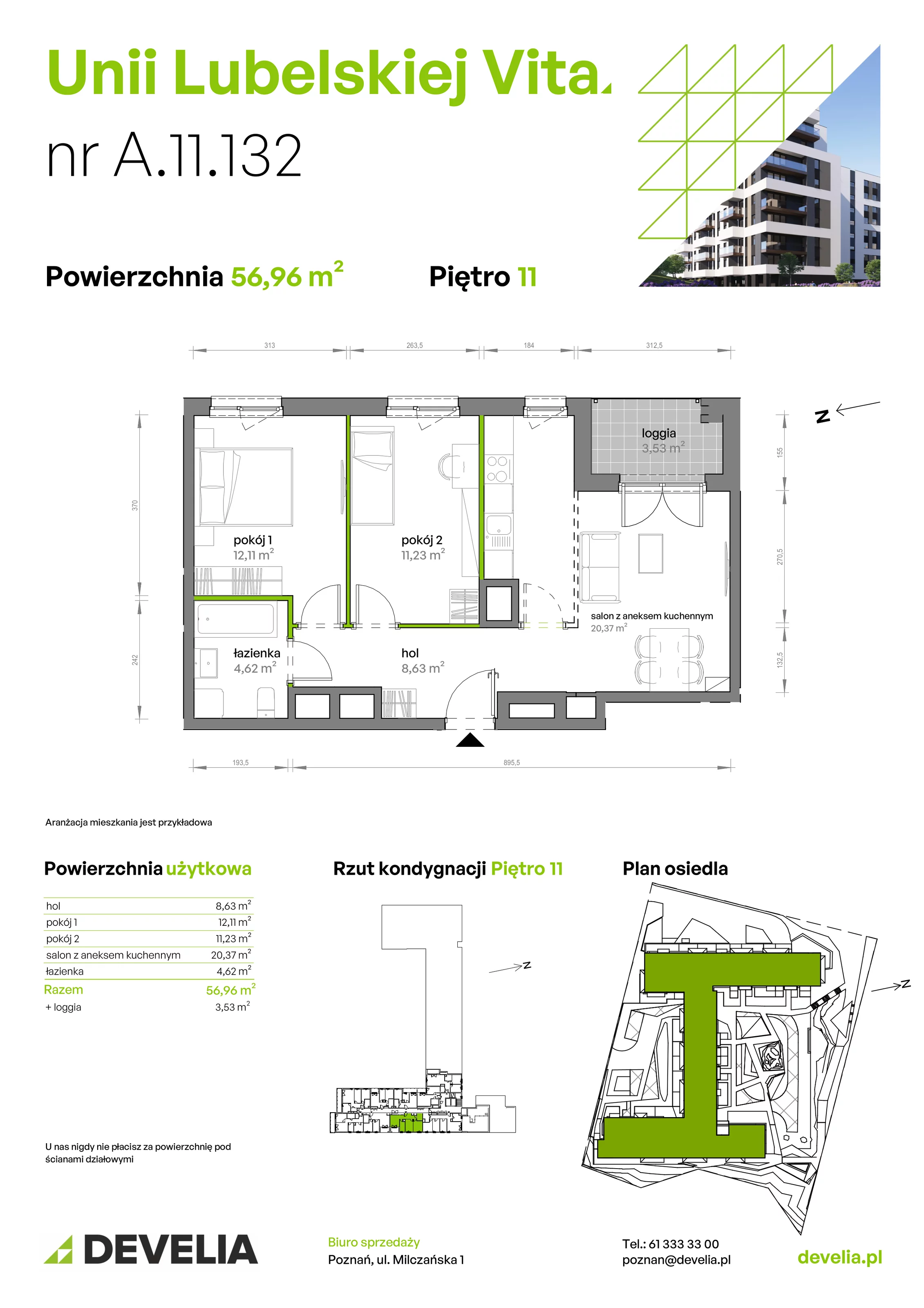 3 pokoje, mieszkanie 56,96 m², piętro 11, oferta nr A/11/132 , Unii Lubelskiej Vita, Poznań, Nowe Miasto, Starołęka, ul. Unii Lubelskiej 10