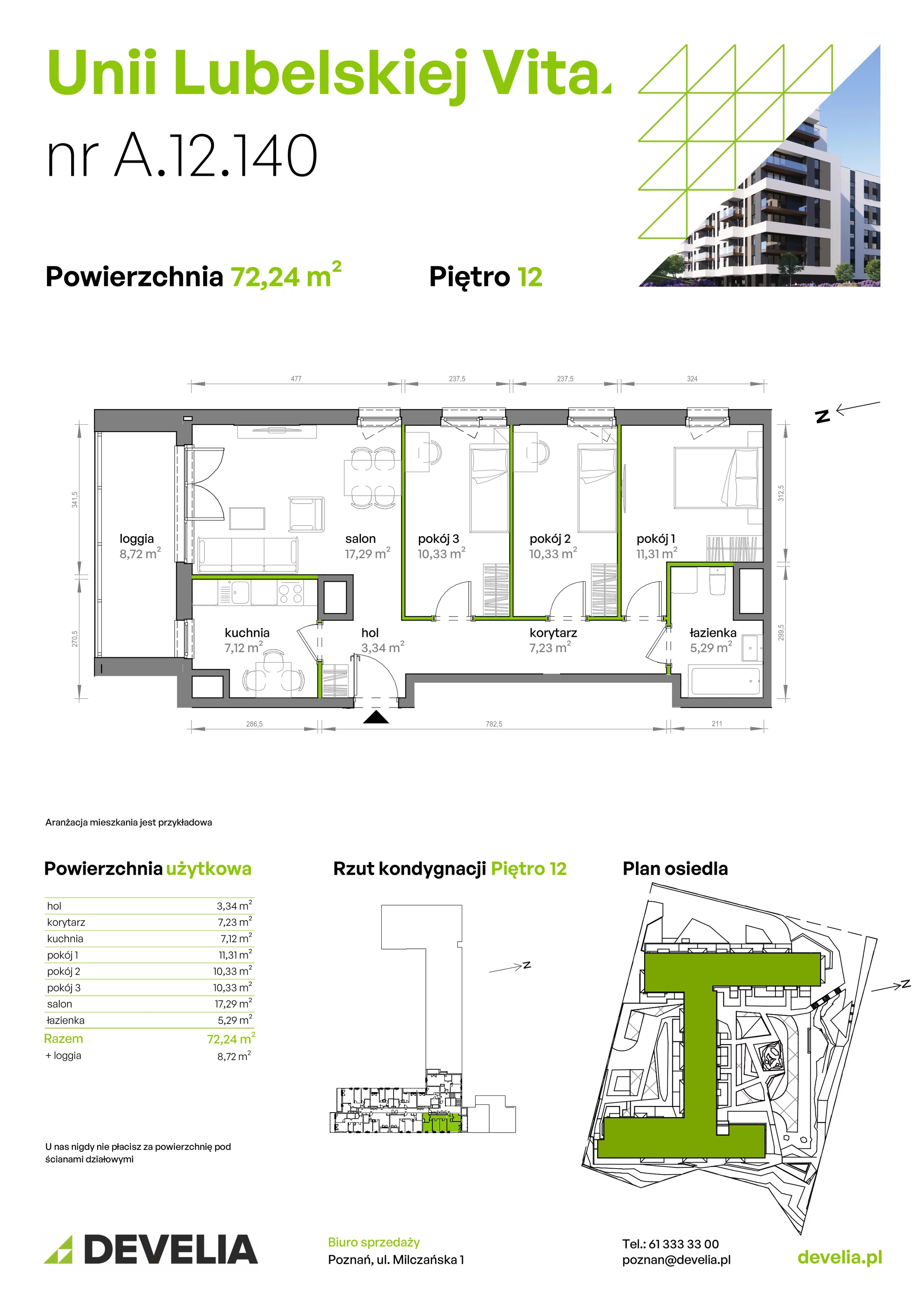 4 pokoje, mieszkanie 72,24 m², piętro 12, oferta nr A/12/140, Unii Lubelskiej Vita, Poznań, Nowe Miasto, Starołęka, ul. Unii Lubelskiej 10