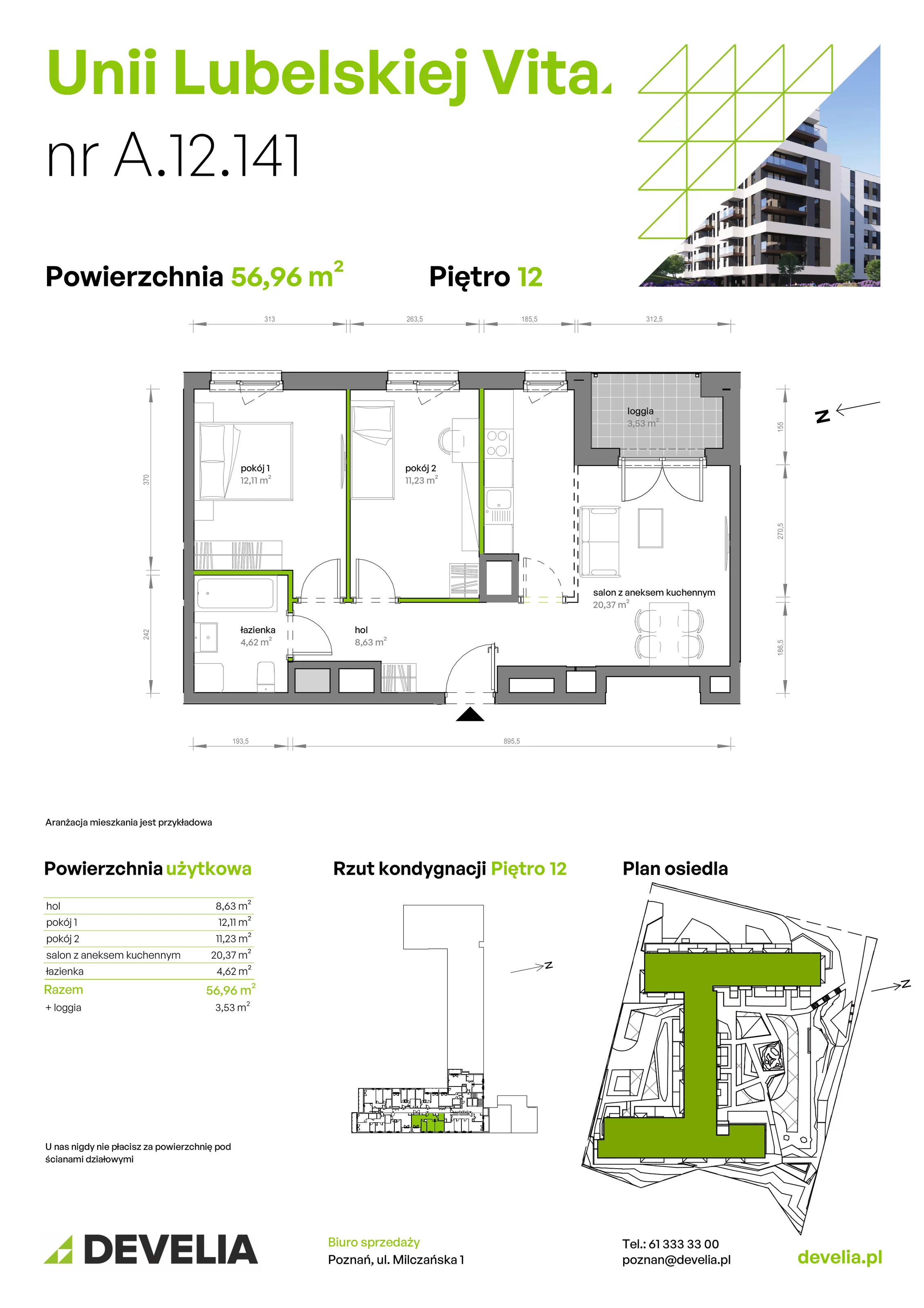 3 pokoje, mieszkanie 56,96 m², piętro 12, oferta nr A/12/141, Unii Lubelskiej Vita, Poznań, Nowe Miasto, Starołęka, ul. Unii Lubelskiej 10