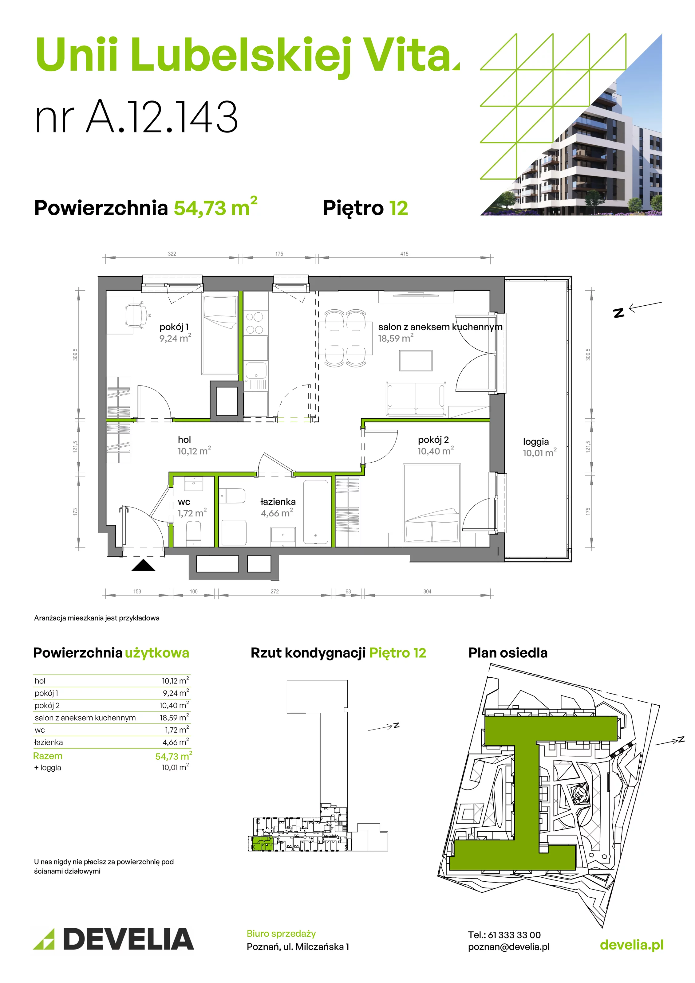 3 pokoje, mieszkanie 54,73 m², piętro 12, oferta nr A/12/143, Unii Lubelskiej Vita, Poznań, Nowe Miasto, Starołęka, ul. Unii Lubelskiej 10
