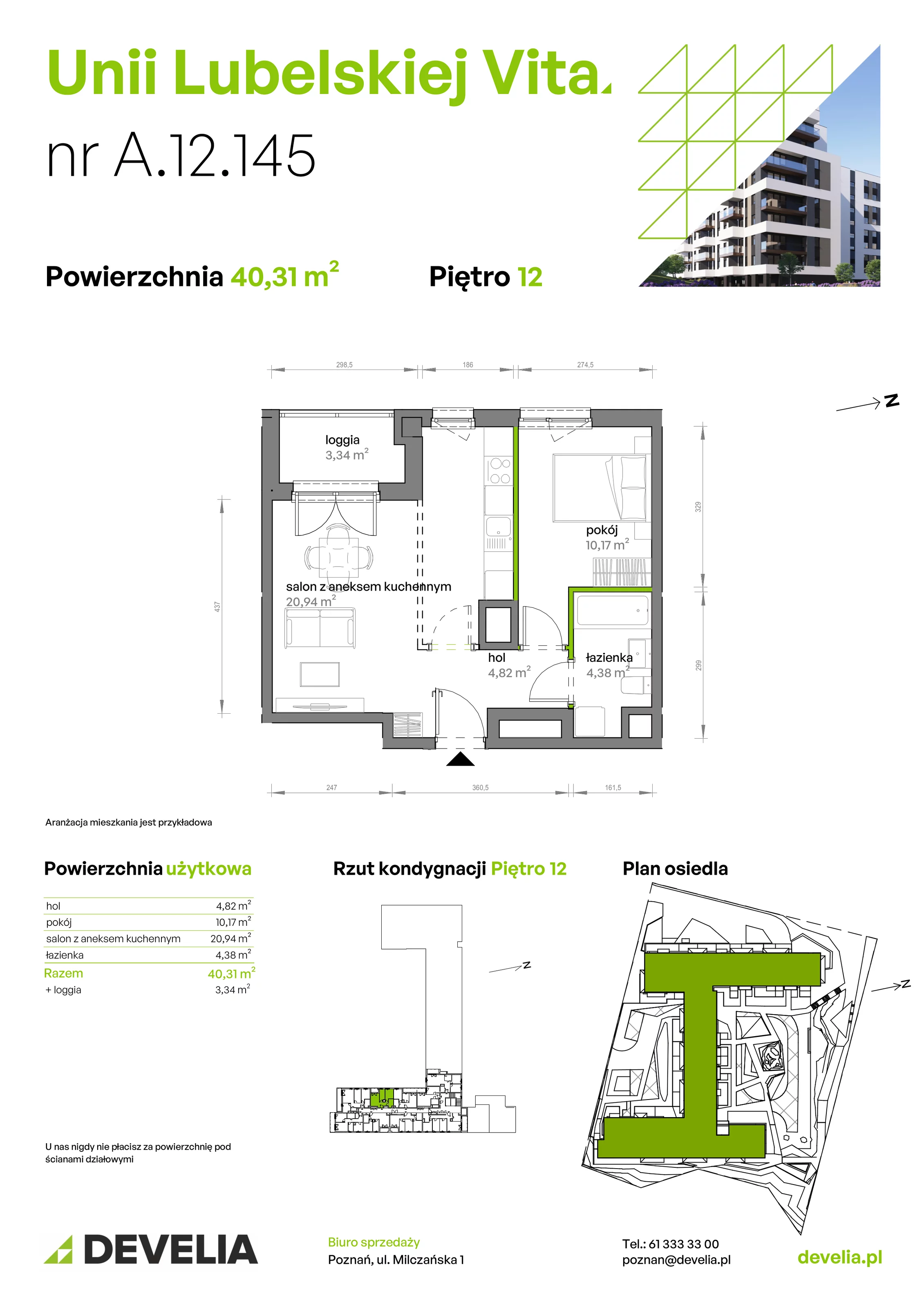 2 pokoje, mieszkanie 40,31 m², piętro 12, oferta nr A/12/145, Unii Lubelskiej Vita, Poznań, Nowe Miasto, Starołęka, ul. Unii Lubelskiej 10