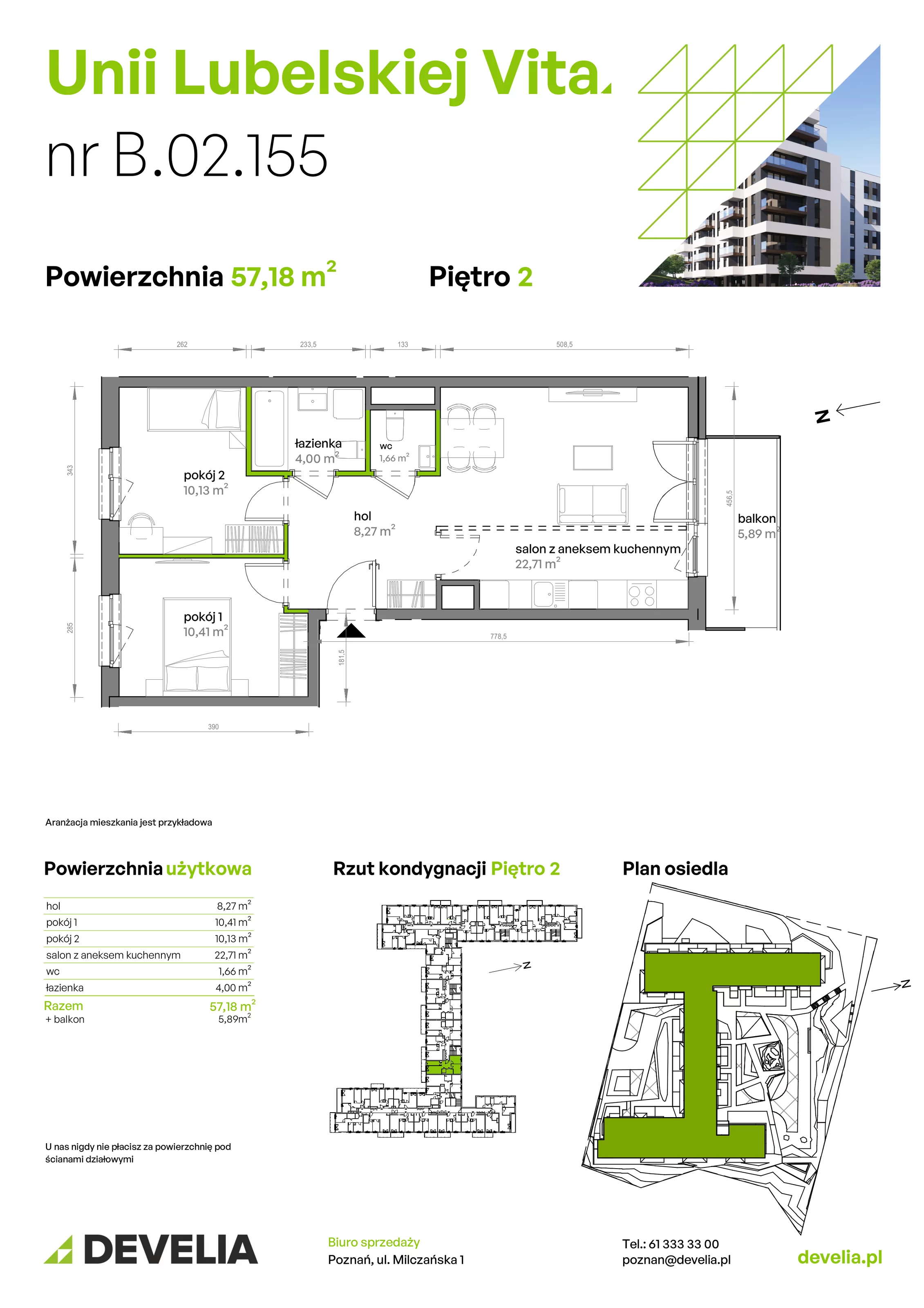 3 pokoje, mieszkanie 57,18 m², piętro 2, oferta nr B/02/155, Unii Lubelskiej Vita, Poznań, Nowe Miasto, Starołęka, ul. Unii Lubelskiej 10
