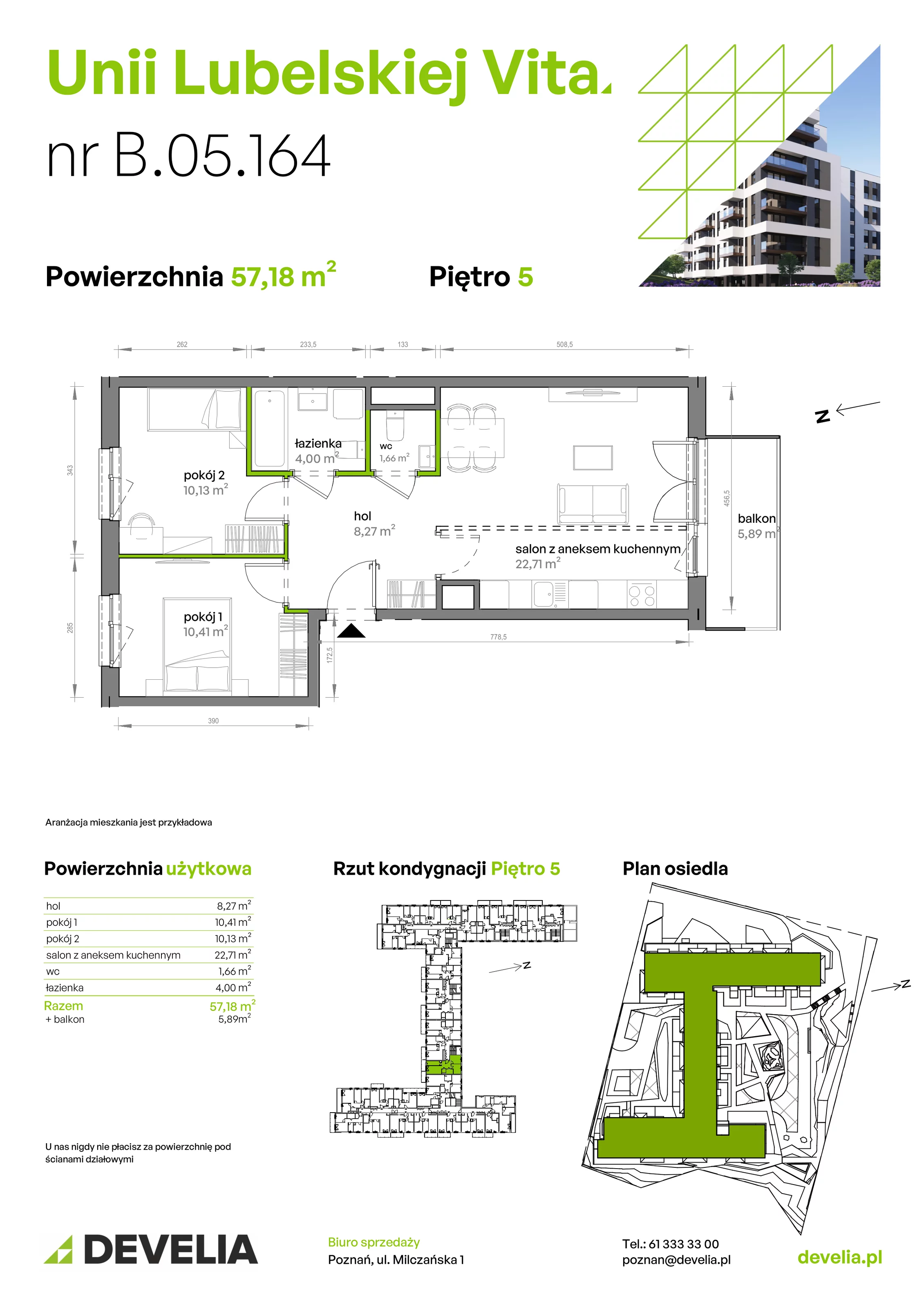 3 pokoje, mieszkanie 57,18 m², piętro 5, oferta nr B/05/164 , Unii Lubelskiej Vita, Poznań, Nowe Miasto, Starołęka, ul. Unii Lubelskiej 10