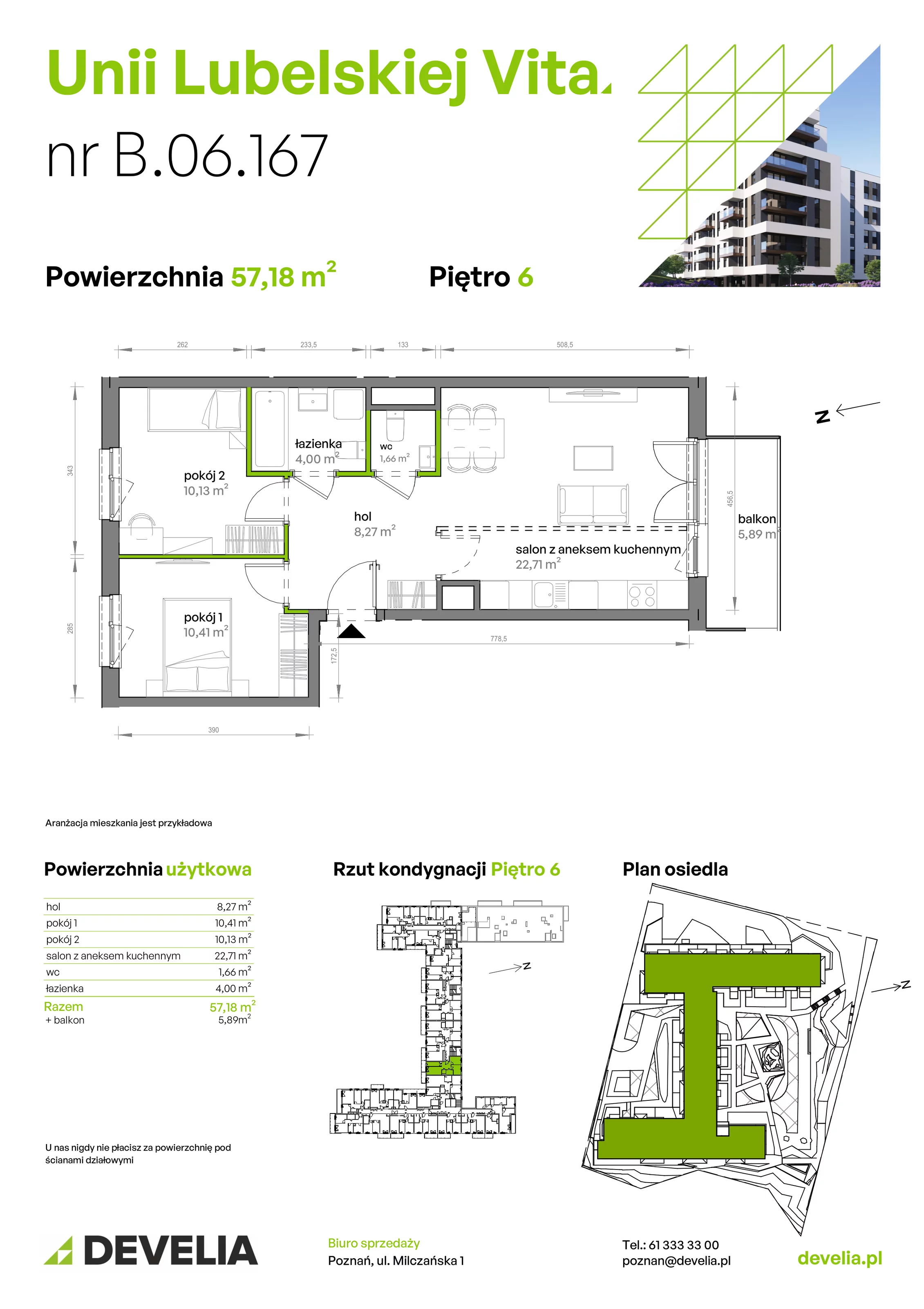 3 pokoje, mieszkanie 57,18 m², piętro 6, oferta nr B/06/167, Unii Lubelskiej Vita, Poznań, Nowe Miasto, Starołęka, ul. Unii Lubelskiej 10