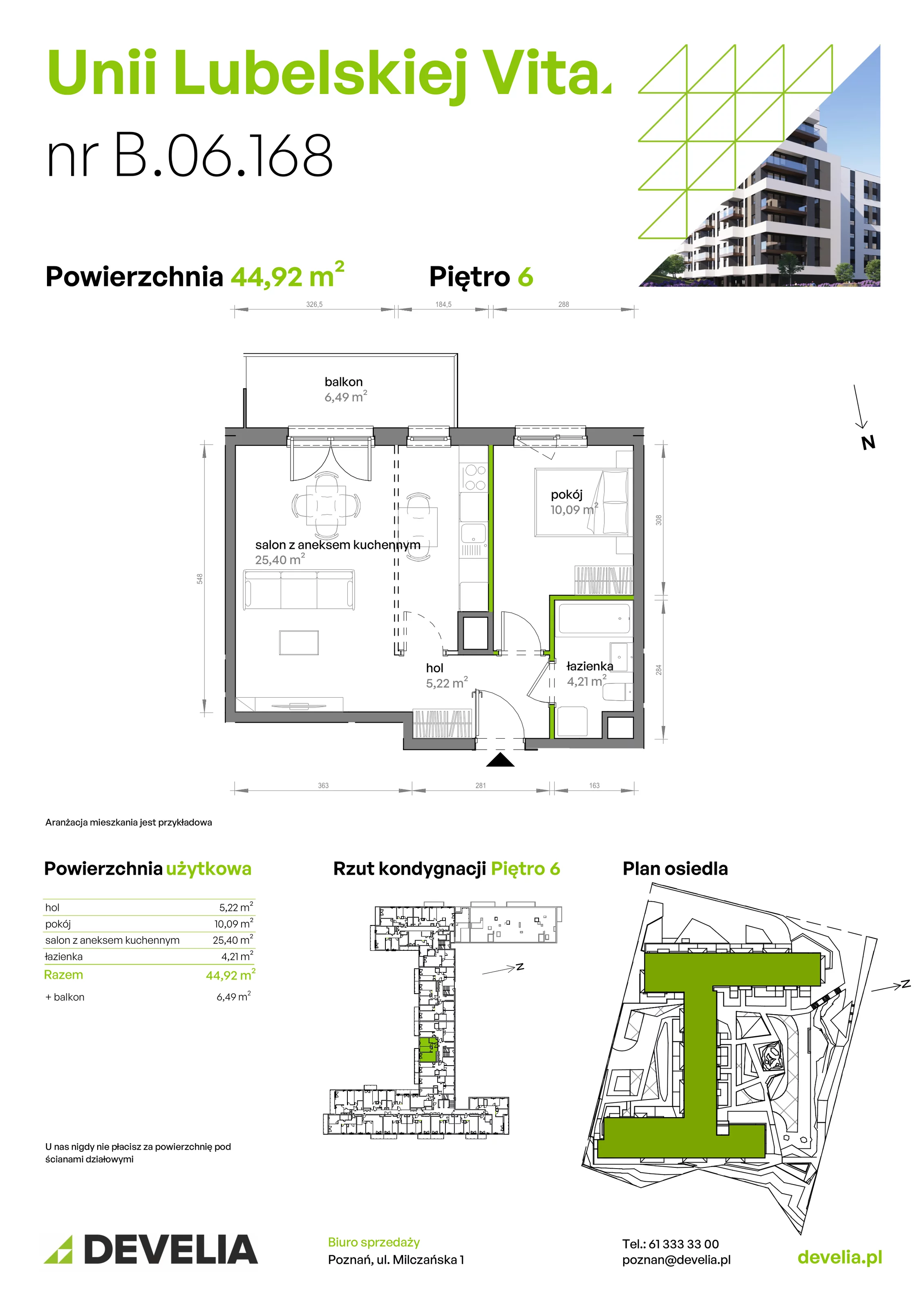 2 pokoje, mieszkanie 44,92 m², piętro 6, oferta nr B/06/168, Unii Lubelskiej Vita, Poznań, Nowe Miasto, Starołęka, ul. Unii Lubelskiej 10