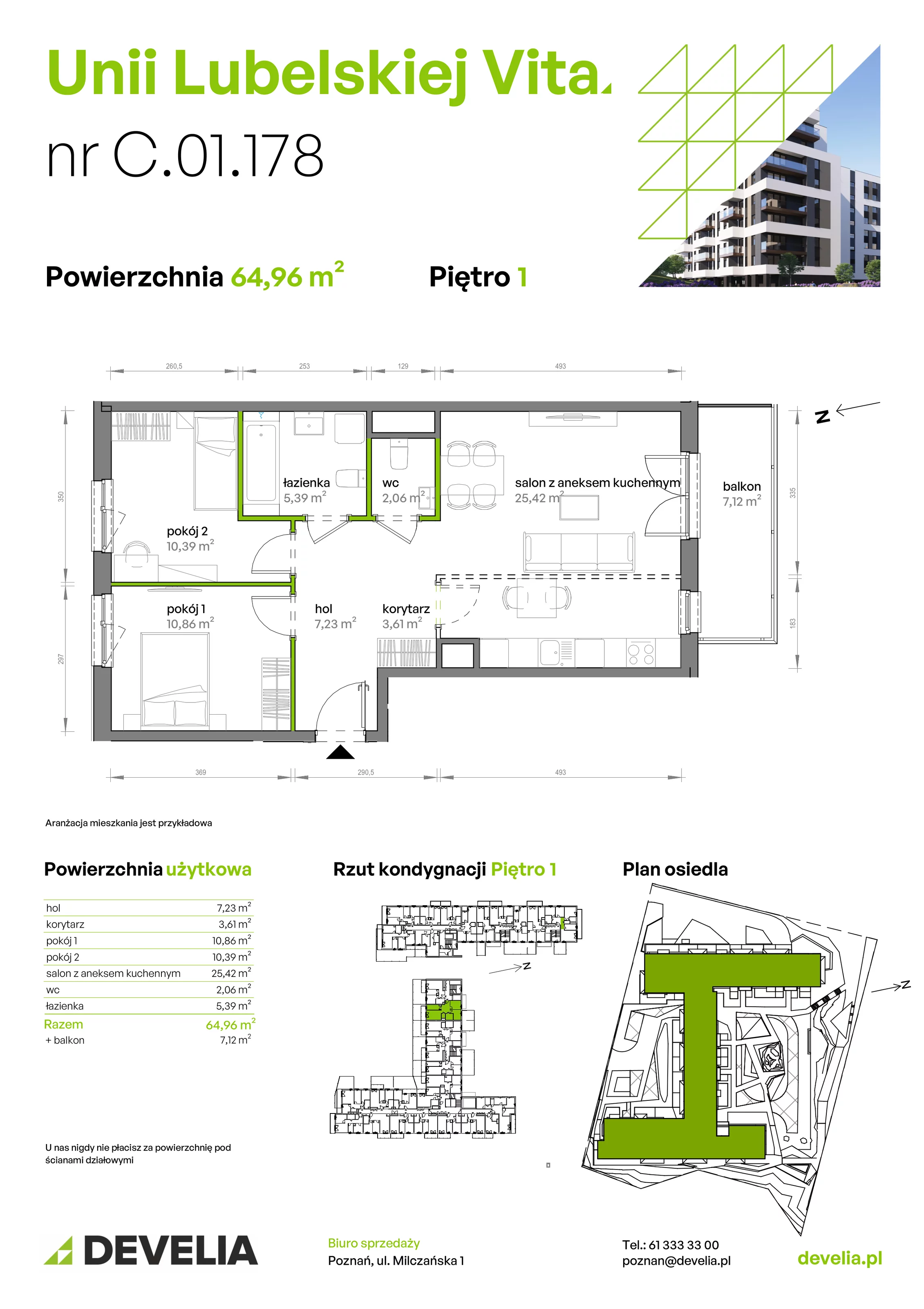 3 pokoje, mieszkanie 64,96 m², piętro 1, oferta nr C/01/178, Unii Lubelskiej Vita, Poznań, Nowe Miasto, Starołęka, ul. Unii Lubelskiej 10