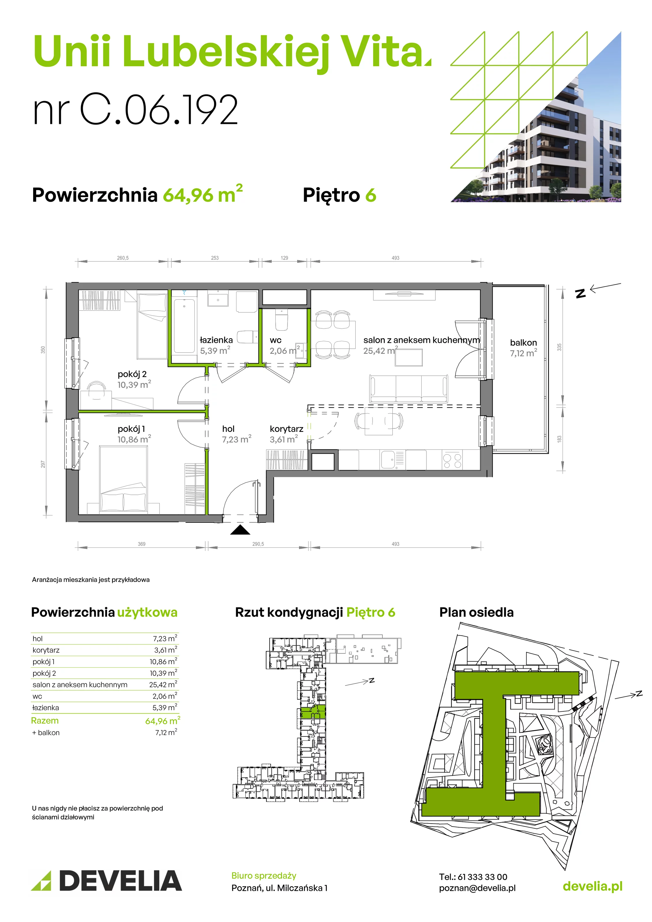3 pokoje, mieszkanie 64,96 m², piętro 6, oferta nr C/06/192, Unii Lubelskiej Vita, Poznań, Nowe Miasto, Starołęka, ul. Unii Lubelskiej 10