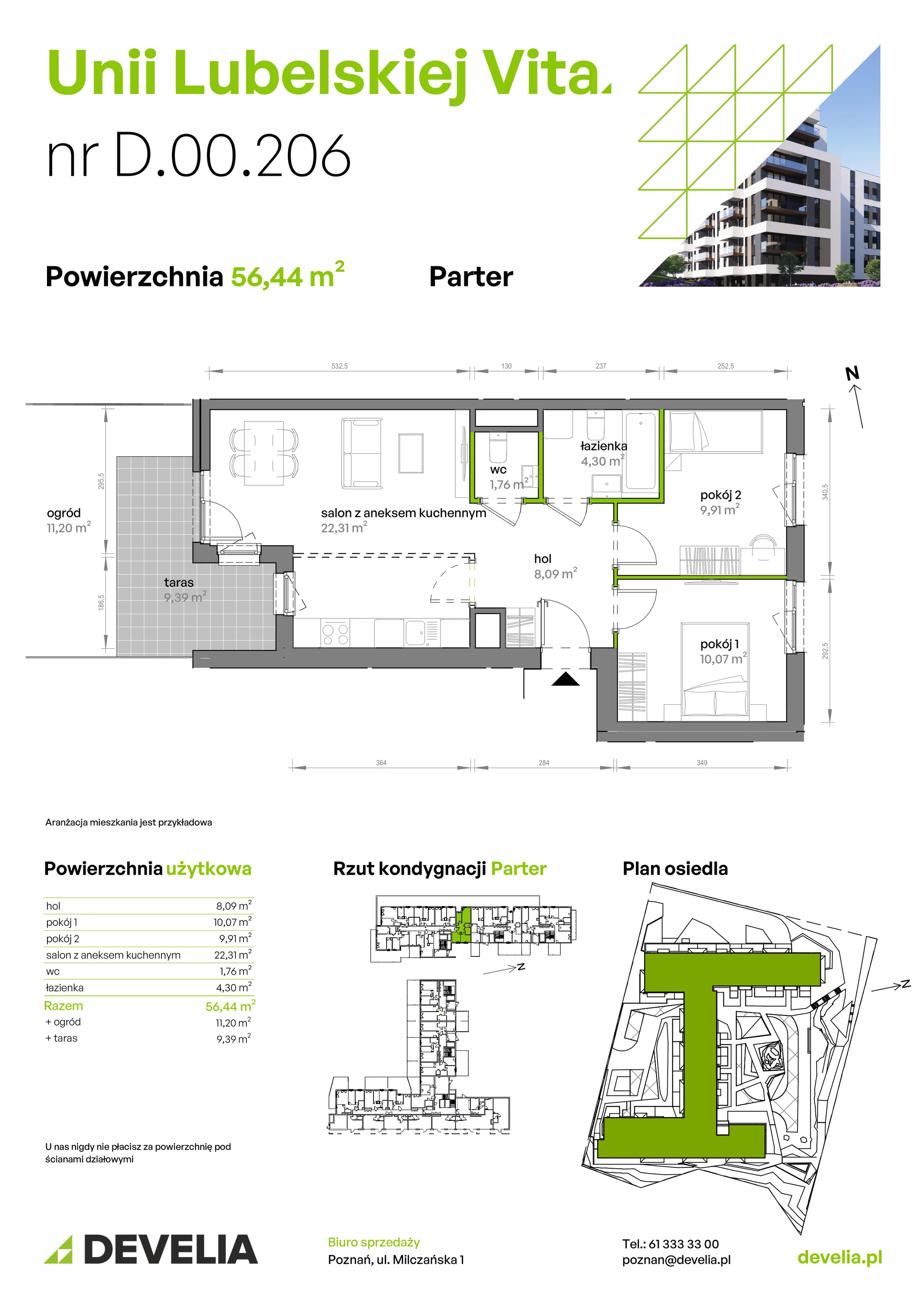 3 pokoje, mieszkanie 56,44 m², parter, oferta nr D/00/206 , Unii Lubelskiej Vita, Poznań, Nowe Miasto, Starołęka, ul. Unii Lubelskiej 10