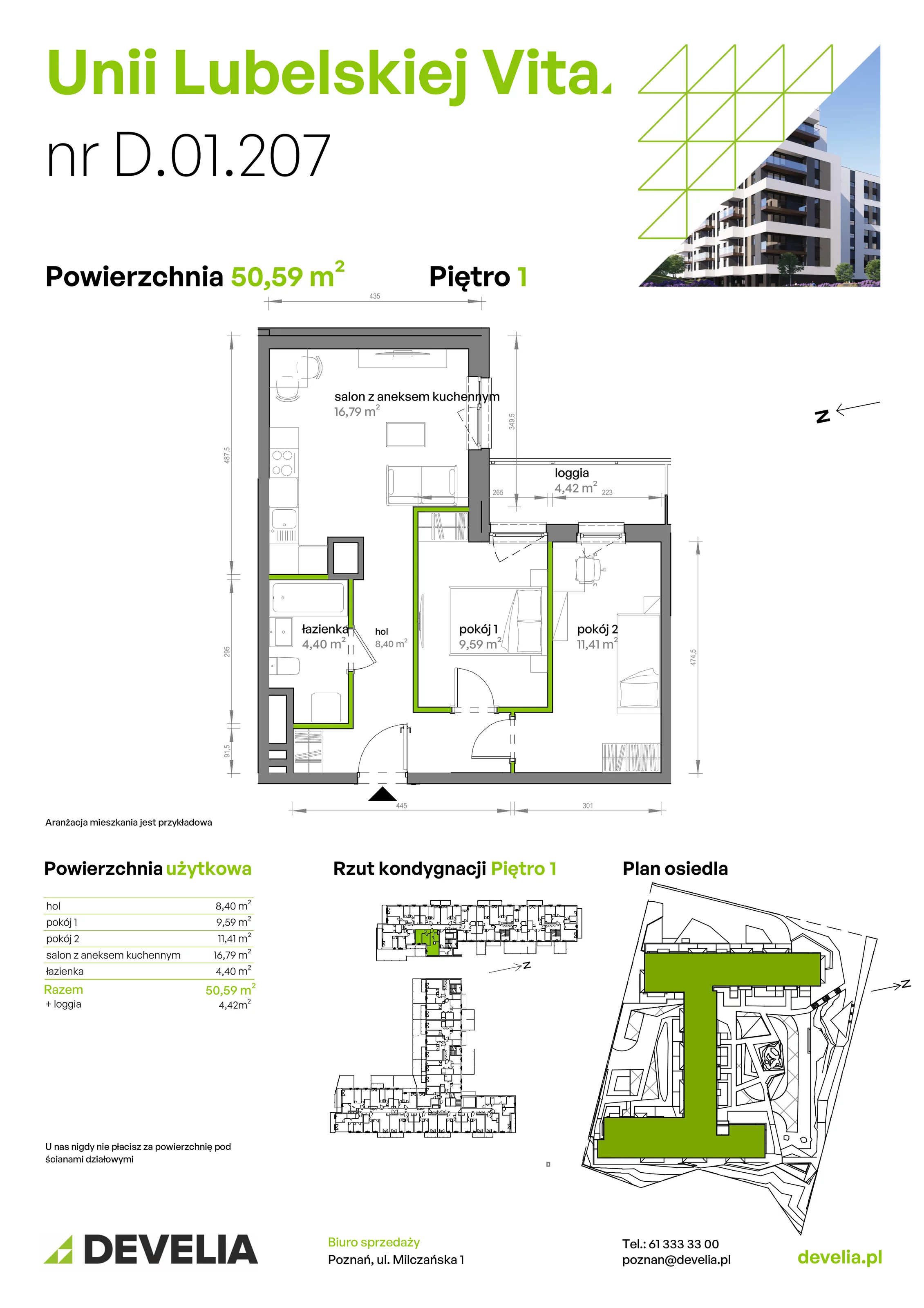 3 pokoje, mieszkanie 50,59 m², piętro 1, oferta nr D/01/207 , Unii Lubelskiej Vita, Poznań, Nowe Miasto, Starołęka, ul. Unii Lubelskiej 10