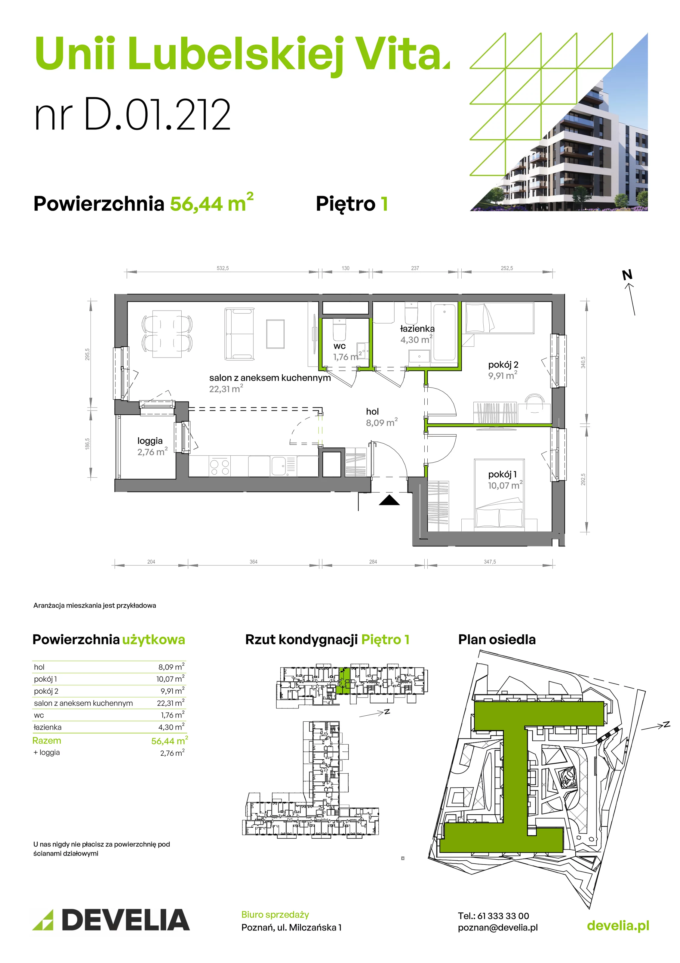 3 pokoje, mieszkanie 56,44 m², piętro 1, oferta nr D/01/212 , Unii Lubelskiej Vita, Poznań, Nowe Miasto, Starołęka, ul. Unii Lubelskiej 10