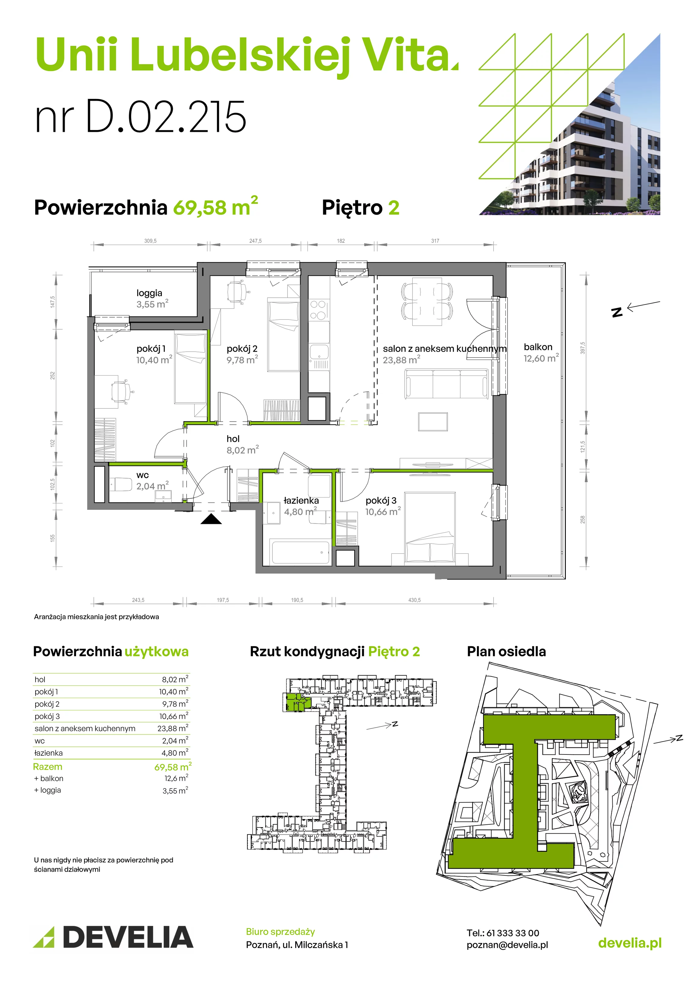 4 pokoje, mieszkanie 69,58 m², piętro 2, oferta nr D/02/215, Unii Lubelskiej Vita, Poznań, Nowe Miasto, Starołęka, ul. Unii Lubelskiej 10