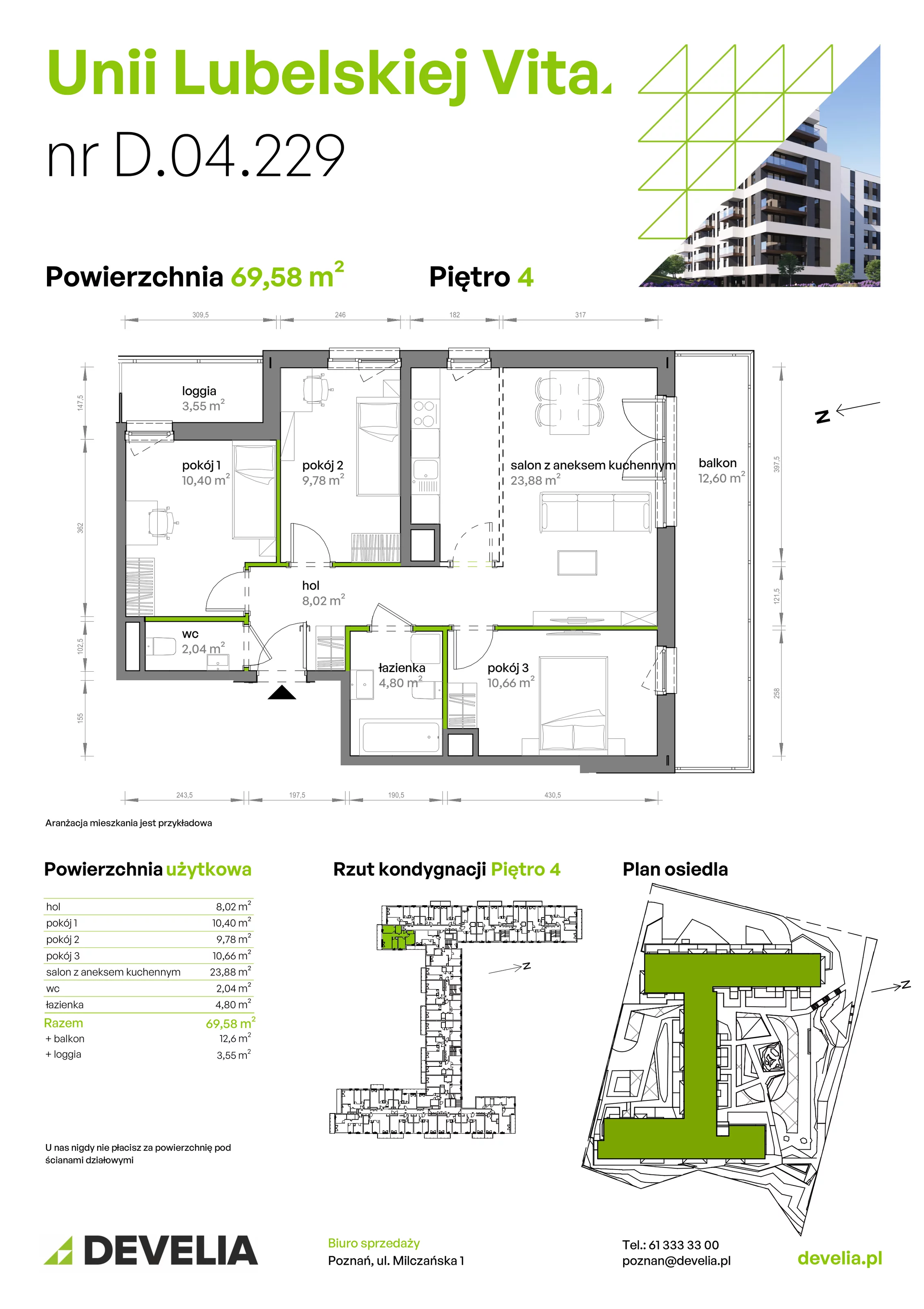4 pokoje, mieszkanie 69,58 m², piętro 4, oferta nr D/04/229, Unii Lubelskiej Vita, Poznań, Nowe Miasto, Starołęka, ul. Unii Lubelskiej 10
