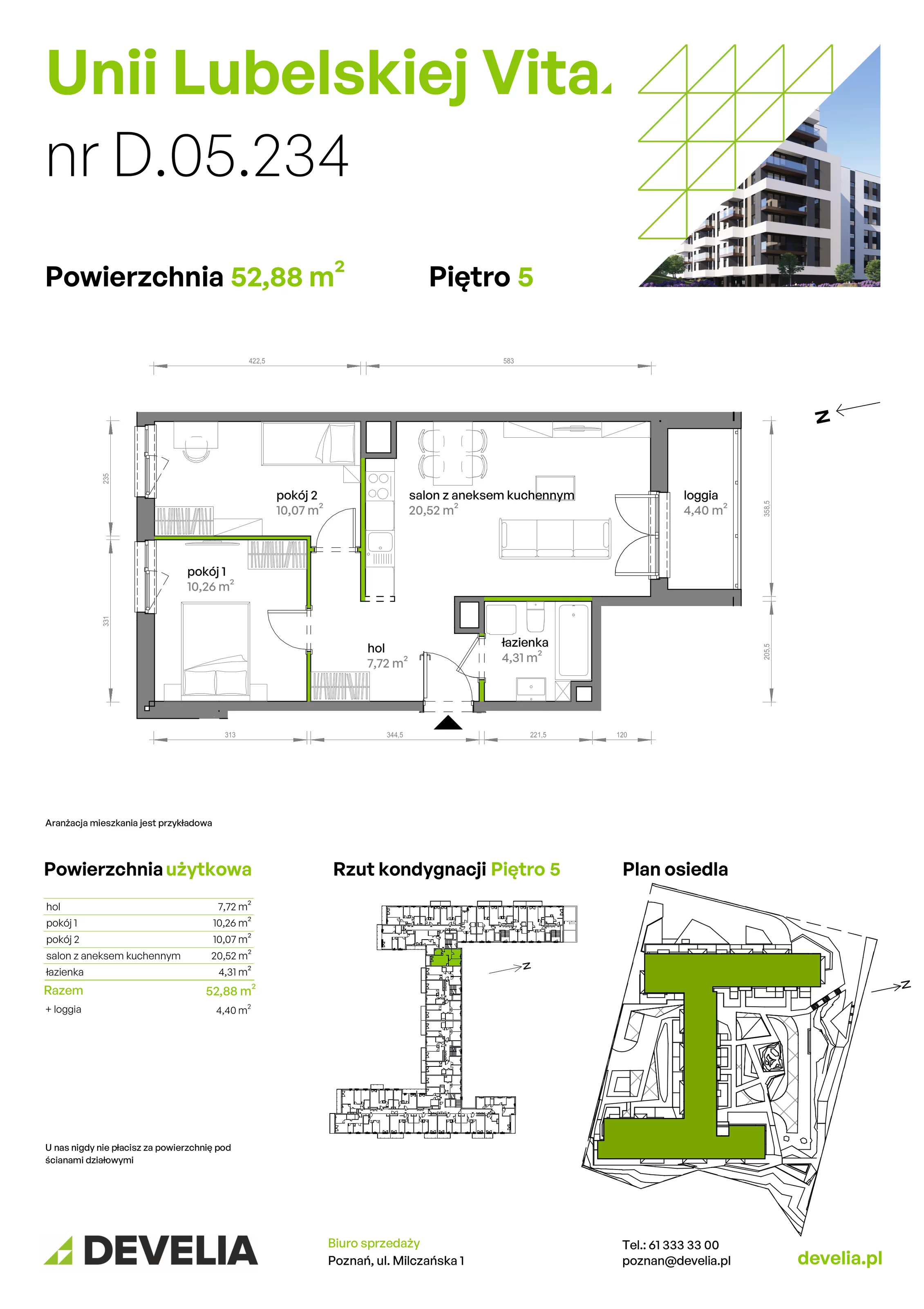 3 pokoje, mieszkanie 52,88 m², piętro 5, oferta nr D/05/234 , Unii Lubelskiej Vita, Poznań, Nowe Miasto, Starołęka, ul. Unii Lubelskiej 10