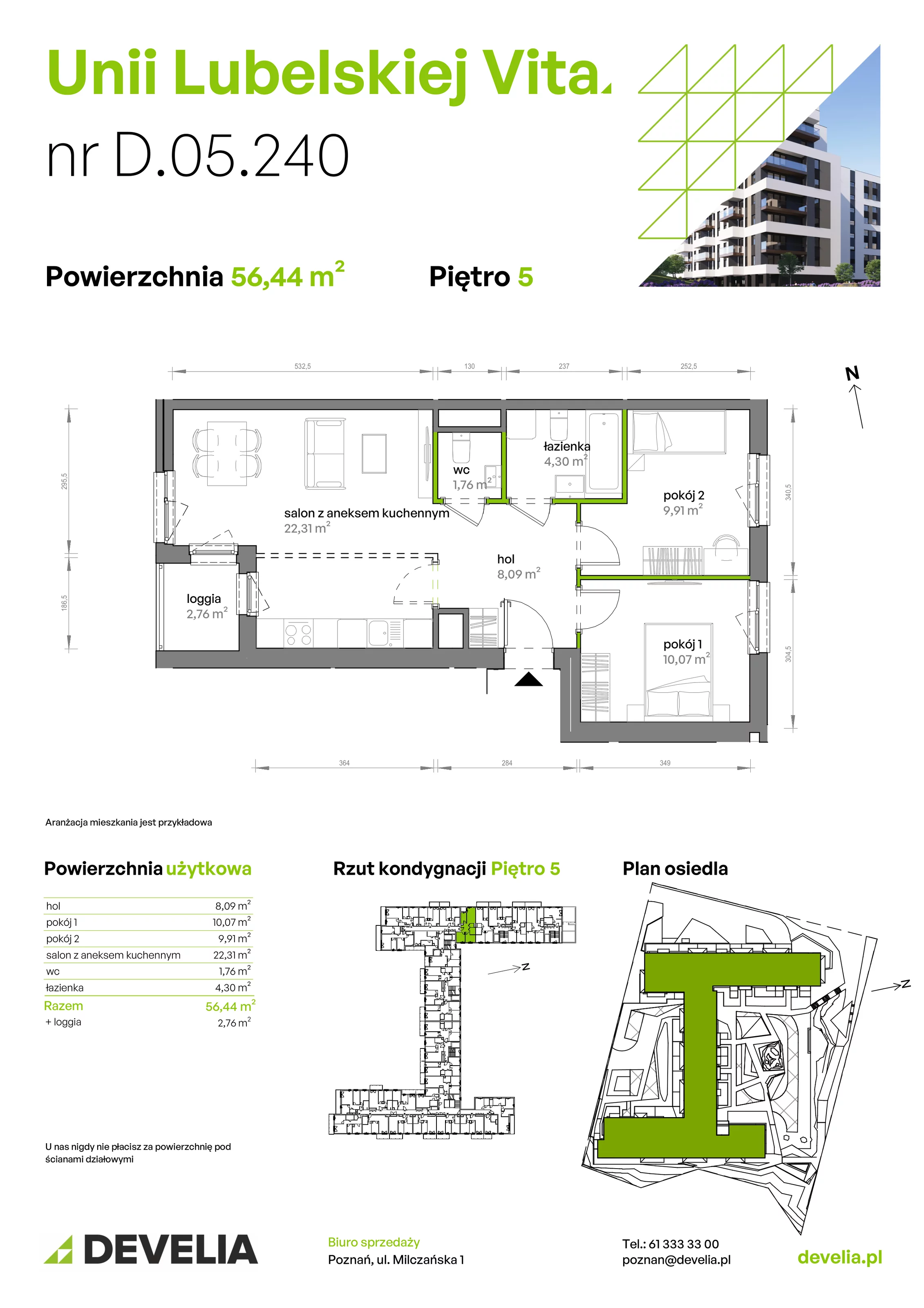 3 pokoje, mieszkanie 56,44 m², piętro 5, oferta nr D/05/240, Unii Lubelskiej Vita, Poznań, Nowe Miasto, Starołęka, ul. Unii Lubelskiej 10