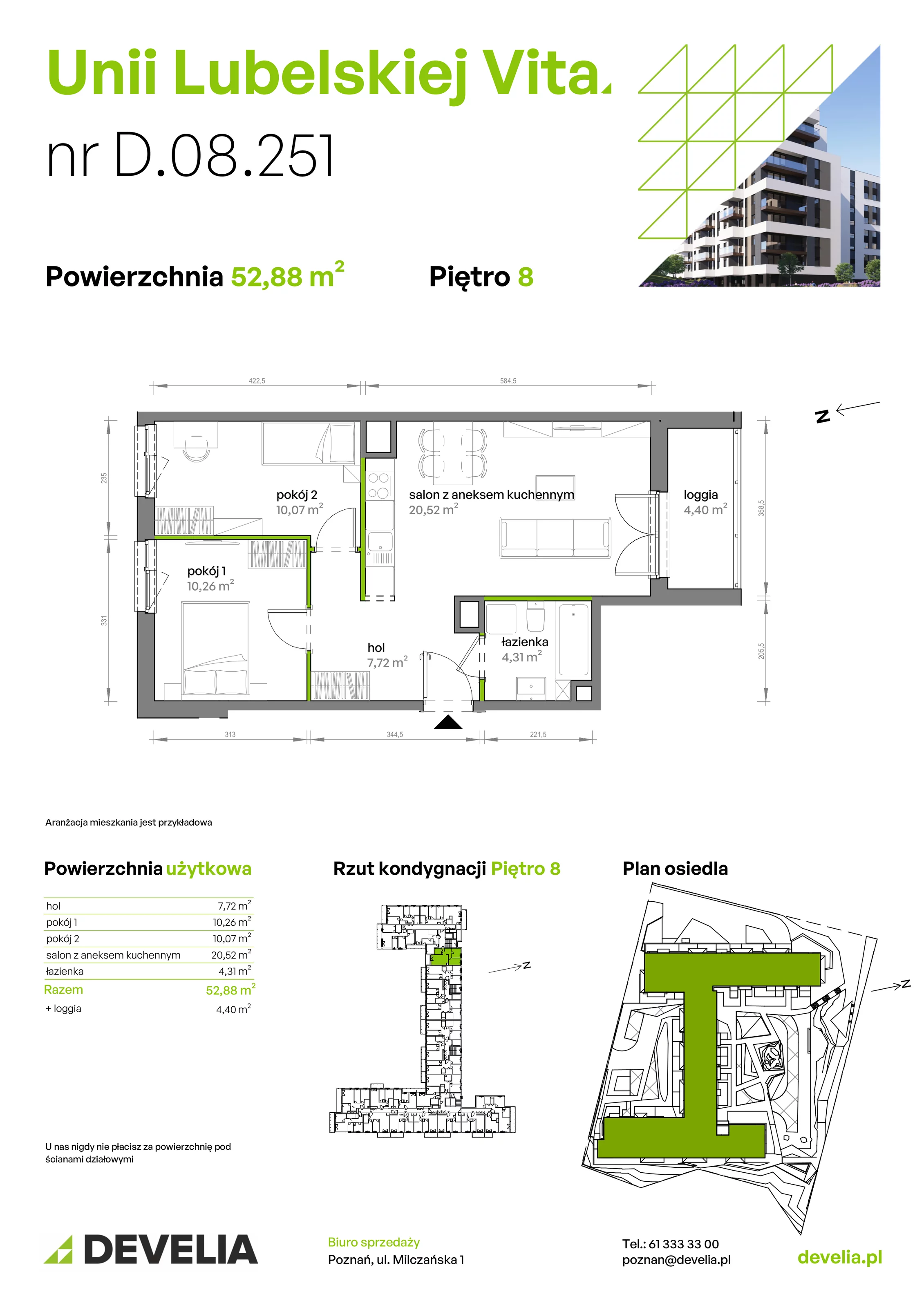 3 pokoje, mieszkanie 52,88 m², piętro 8, oferta nr D/08/251, Unii Lubelskiej Vita, Poznań, Nowe Miasto, Starołęka, ul. Unii Lubelskiej 10