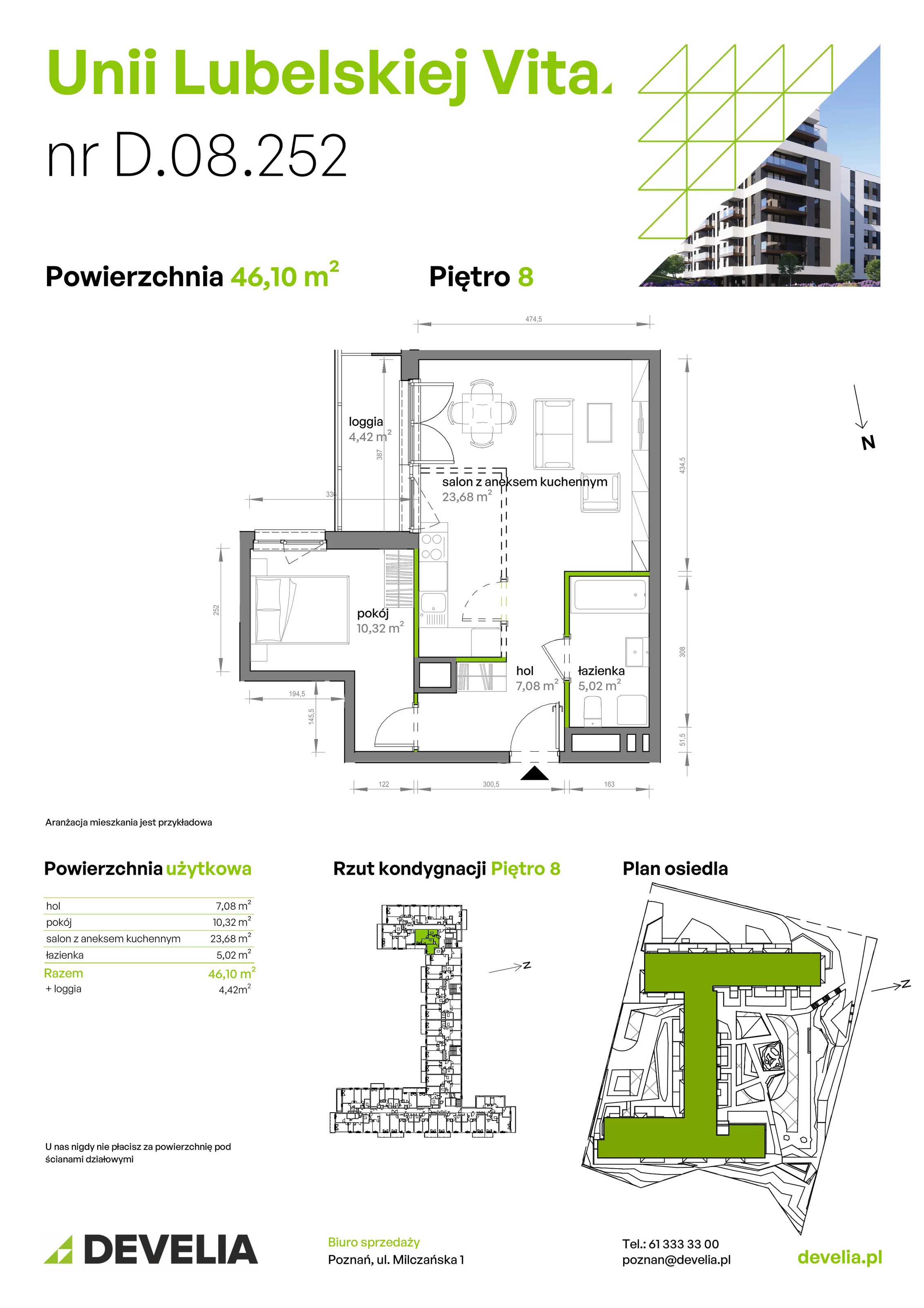 2 pokoje, mieszkanie 46,10 m², piętro 8, oferta nr D/08/252 , Unii Lubelskiej Vita, Poznań, Nowe Miasto, Starołęka, ul. Unii Lubelskiej 10