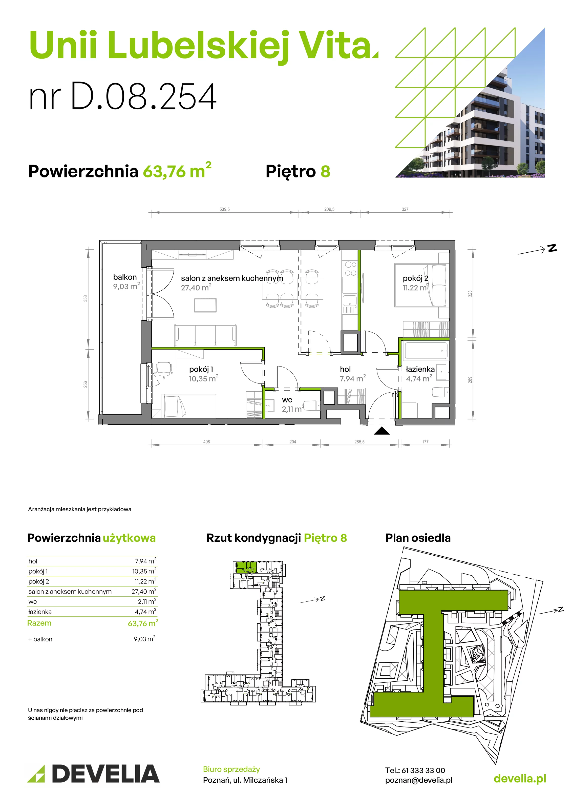 3 pokoje, mieszkanie 63,76 m², piętro 8, oferta nr D/08/254, Unii Lubelskiej Vita, Poznań, Nowe Miasto, Starołęka, ul. Unii Lubelskiej 10