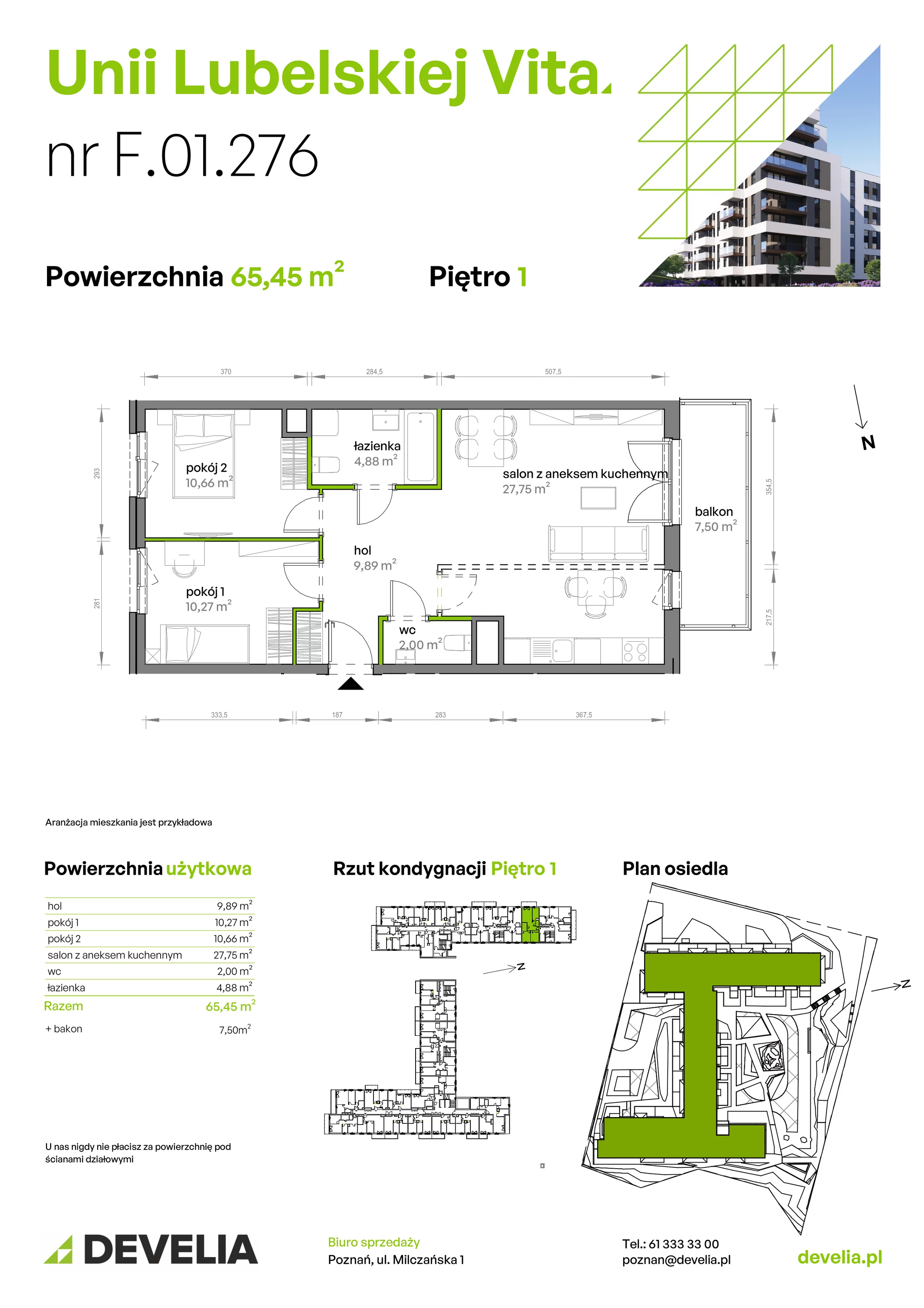 3 pokoje, mieszkanie 65,45 m², piętro 1, oferta nr F/01/276, Unii Lubelskiej Vita, Poznań, Nowe Miasto, Starołęka, ul. Unii Lubelskiej 10