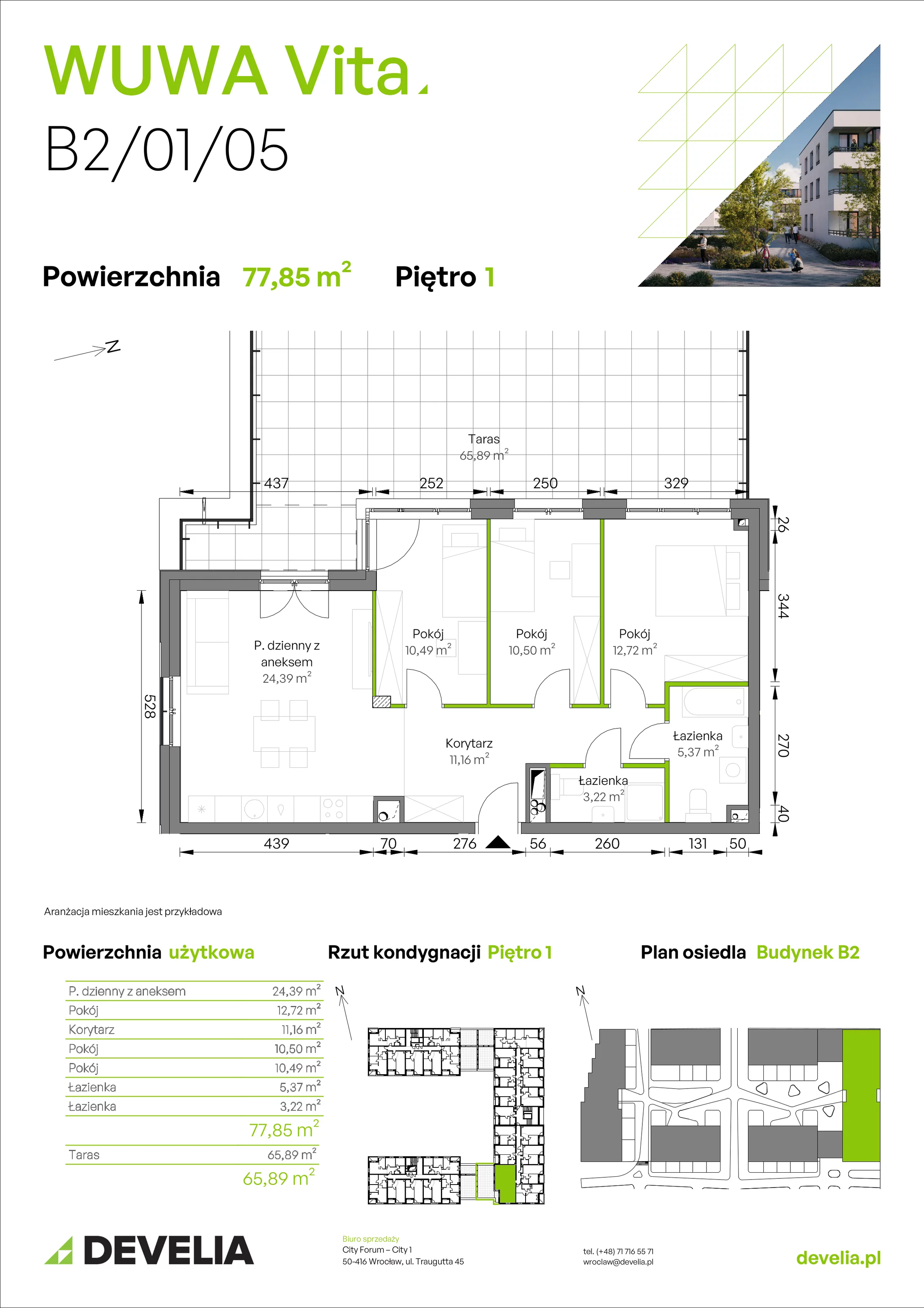 4 pokoje, mieszkanie 77,85 m², piętro 1, oferta nr B2/01/05, WUWA Vita II, Wrocław, Żerniki, Fabryczna, ul. T. Brzozy