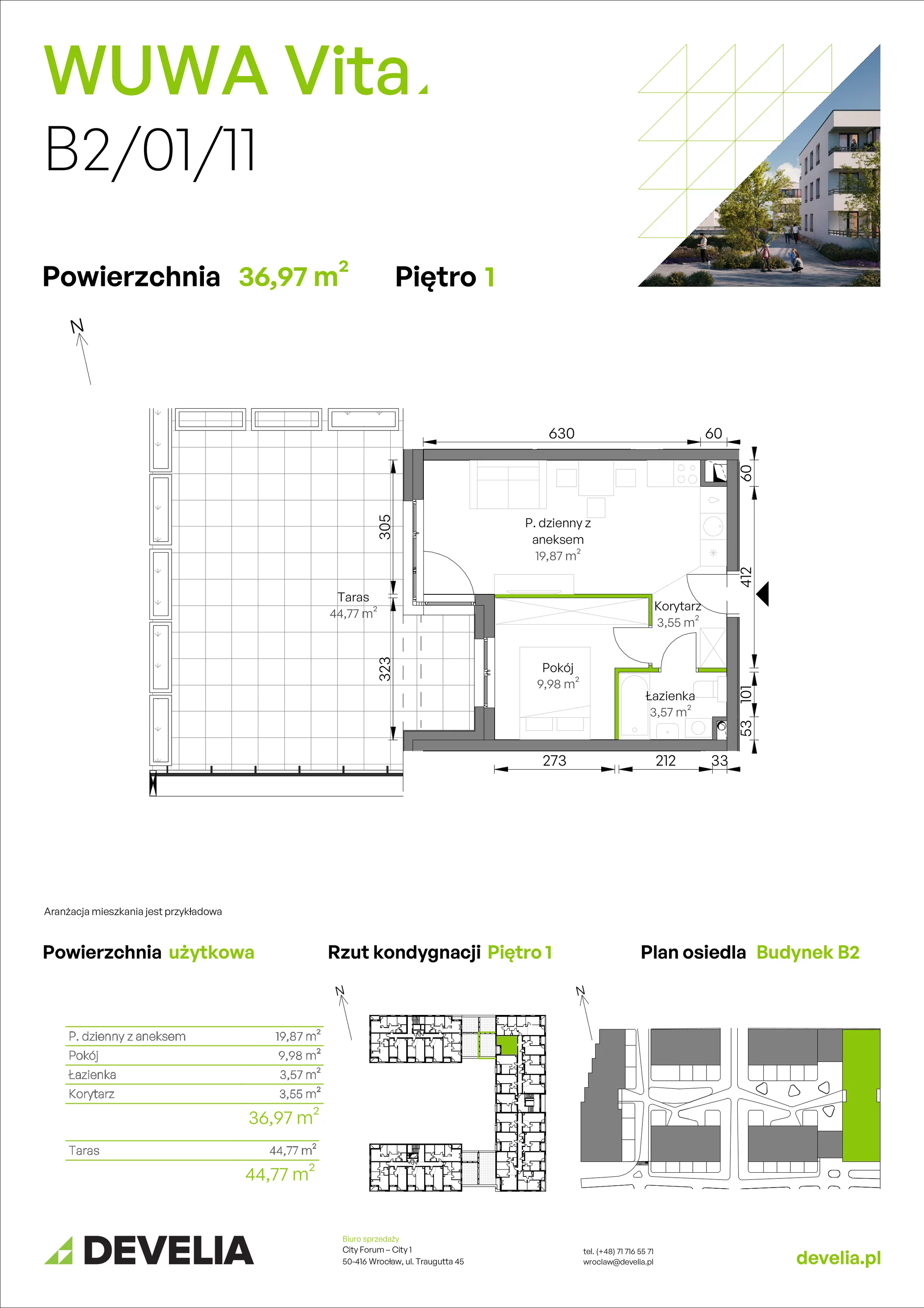 2 pokoje, mieszkanie 36,97 m², piętro 1, oferta nr B2/01/11, WUWA Vita II, Wrocław, Żerniki, Fabryczna, ul. T. Brzozy