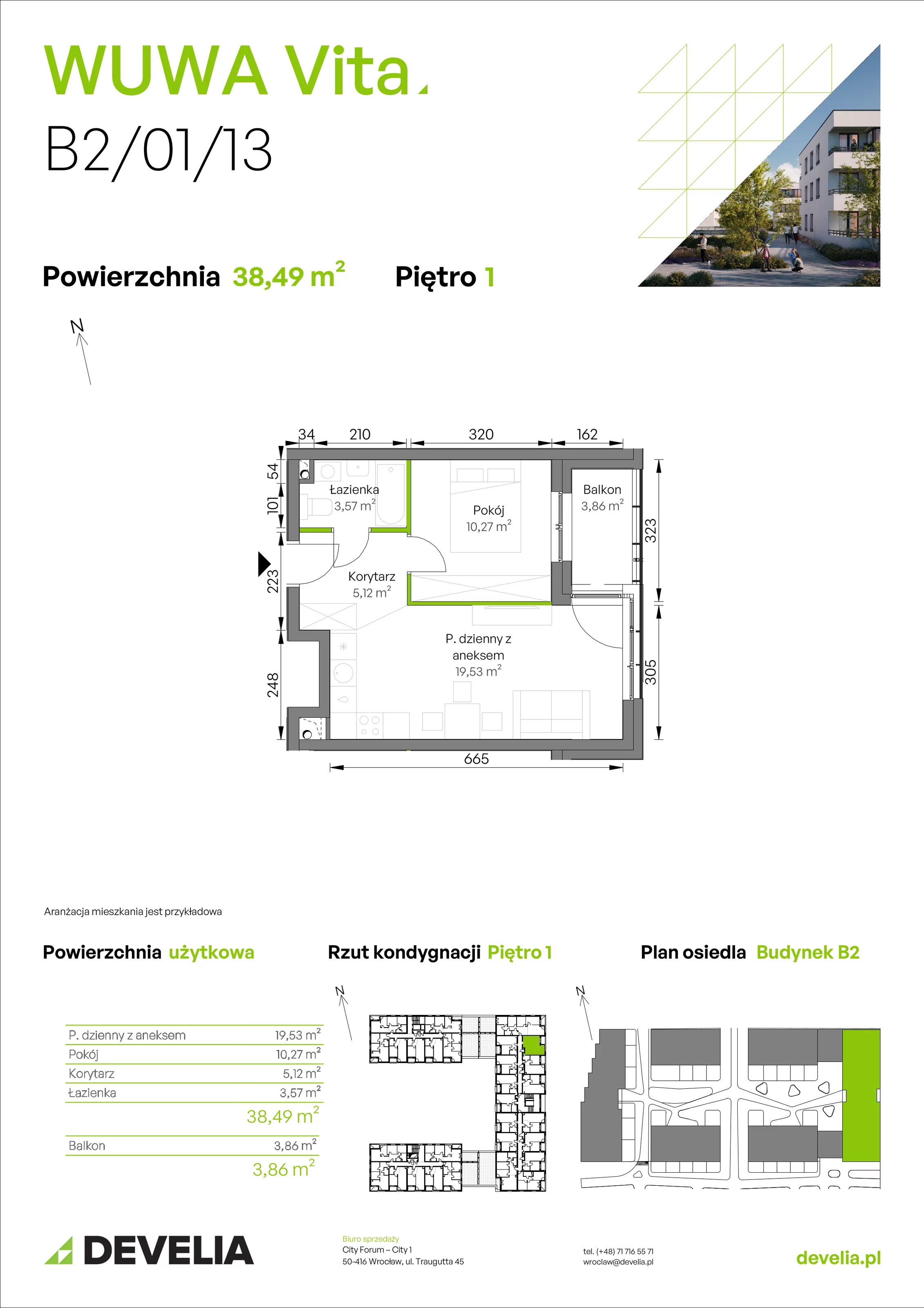 2 pokoje, mieszkanie 38,49 m², piętro 1, oferta nr B2/01/13, WUWA Vita II, Wrocław, Żerniki, Fabryczna, ul. T. Brzozy