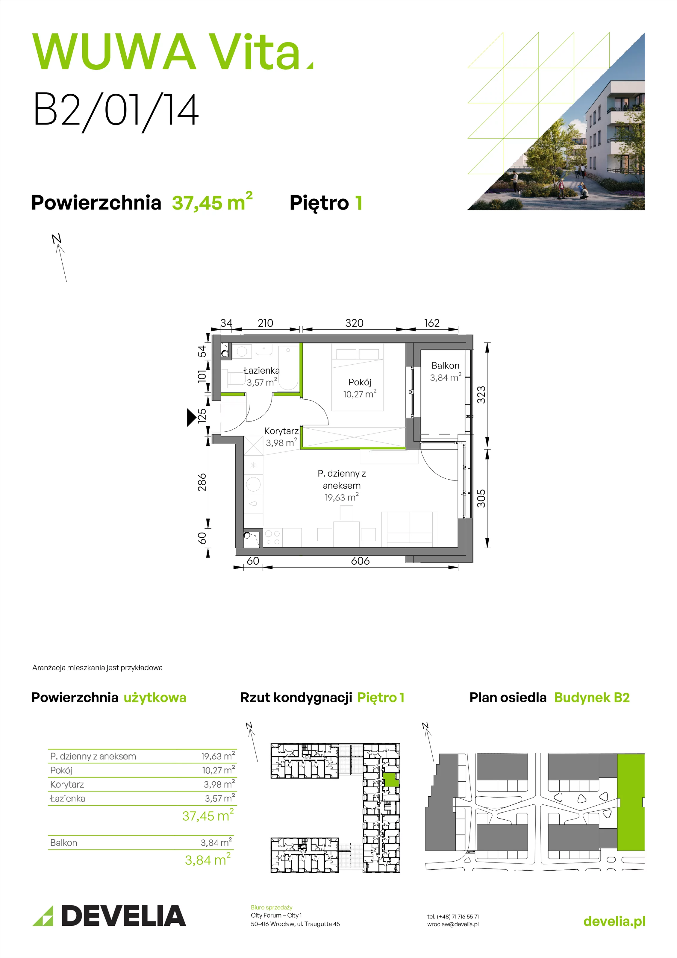 2 pokoje, mieszkanie 37,45 m², piętro 1, oferta nr B2/01/14, WUWA Vita II, Wrocław, Żerniki, Fabryczna, ul. T. Brzozy