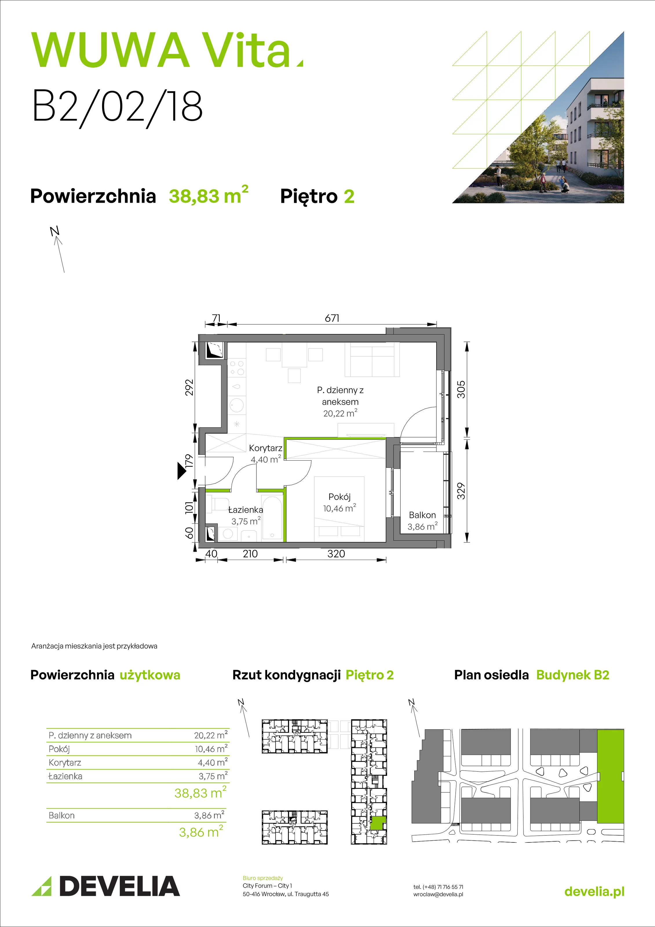 2 pokoje, mieszkanie 38,83 m², piętro 2, oferta nr B2/02/18, WUWA Vita II, Wrocław, Żerniki, Fabryczna, ul. T. Brzozy