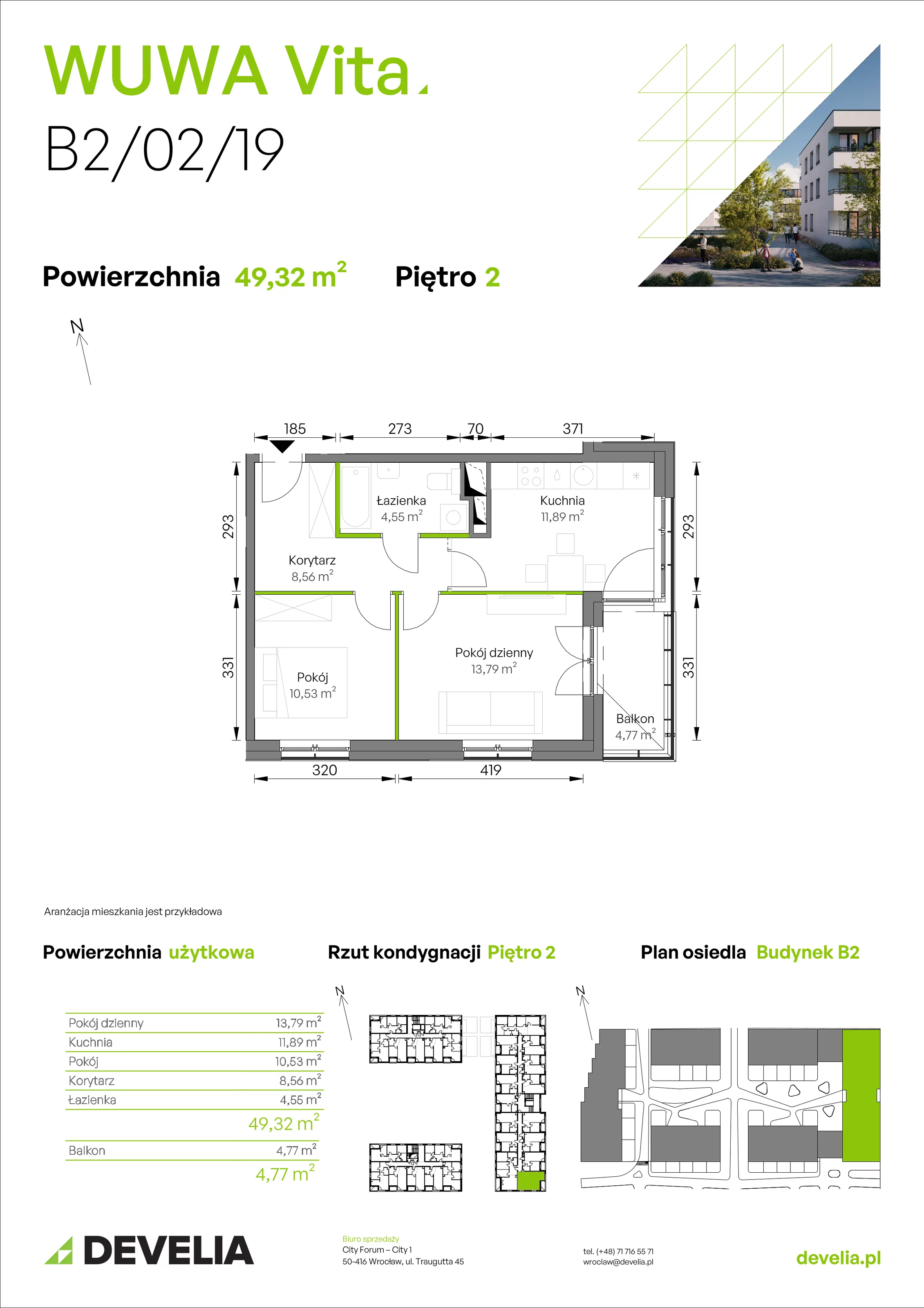 2 pokoje, mieszkanie 49,32 m², piętro 2, oferta nr B2/02/19, WUWA Vita II, Wrocław, Żerniki, Fabryczna, ul. T. Brzozy