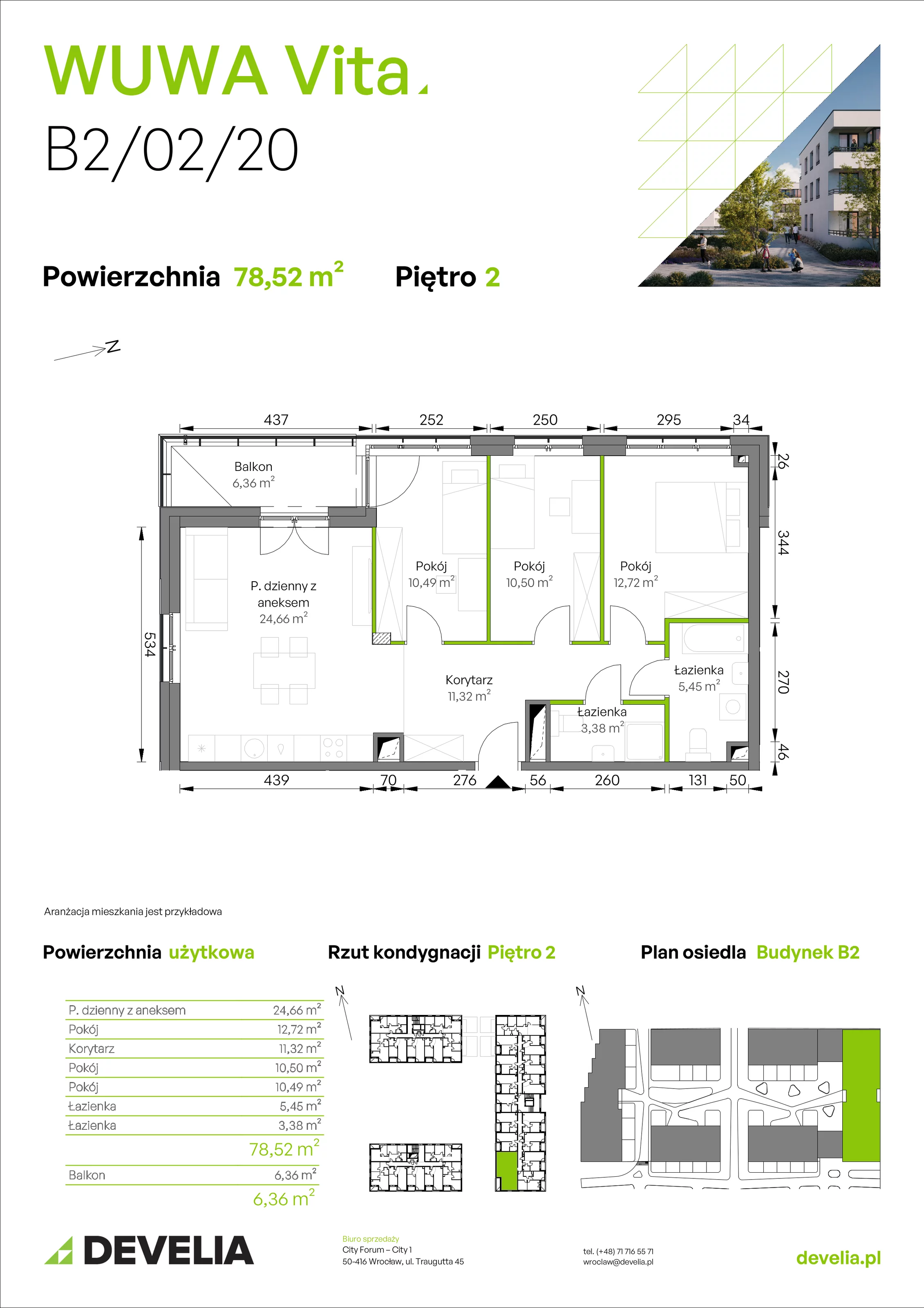 4 pokoje, mieszkanie 78,52 m², piętro 2, oferta nr B2/02/20, WUWA Vita II, Wrocław, Żerniki, Fabryczna, ul. T. Brzozy