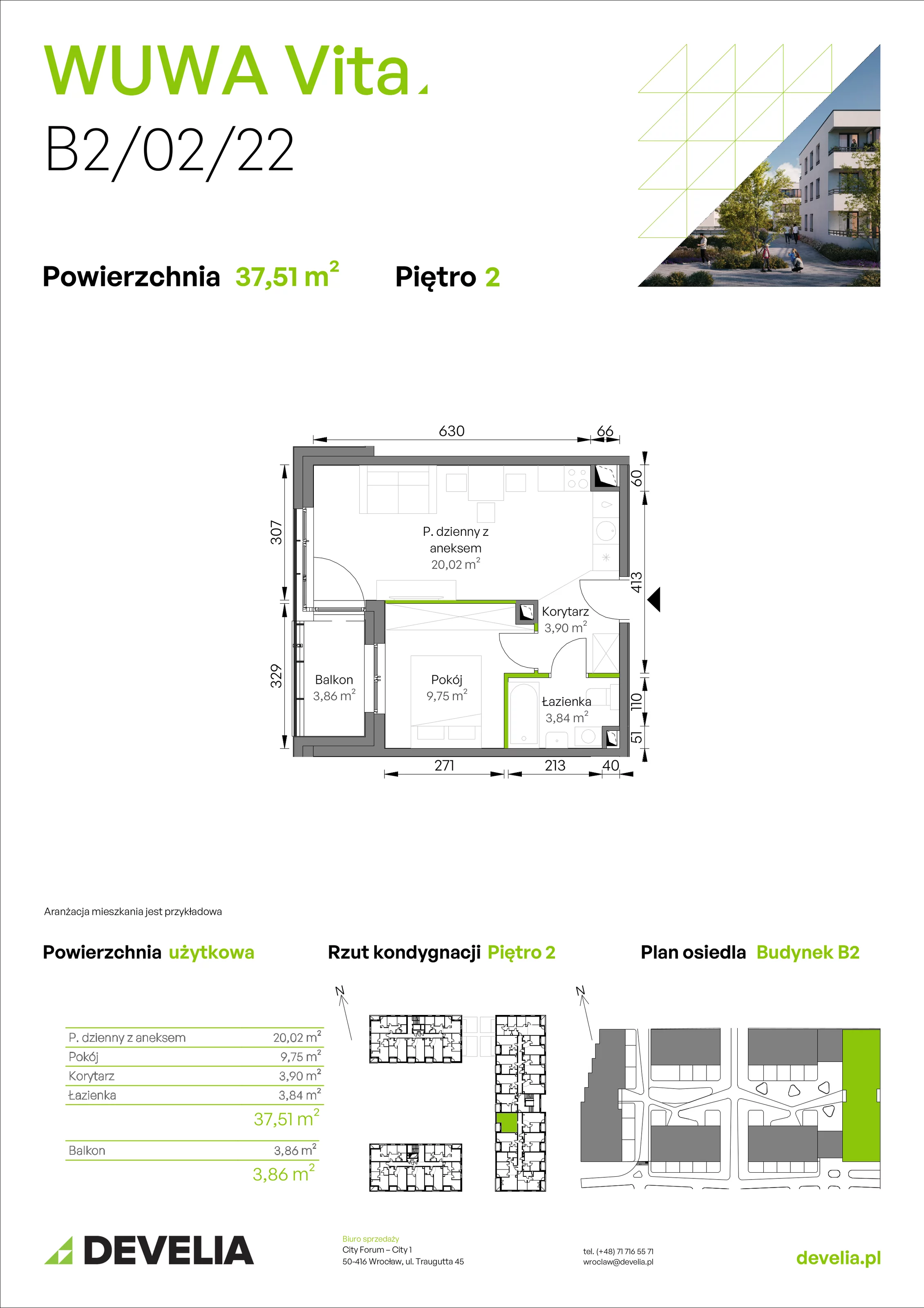 2 pokoje, mieszkanie 37,51 m², piętro 2, oferta nr B2/02/22, WUWA Vita II, Wrocław, Żerniki, Fabryczna, ul. T. Brzozy